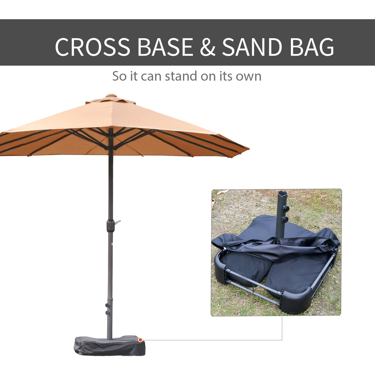 15' Outdoor Patio Umbrella with Twin Canopy Sunshade Steel Table Umbrella with Lift Crank, Cross base, Sandbag, Brown
