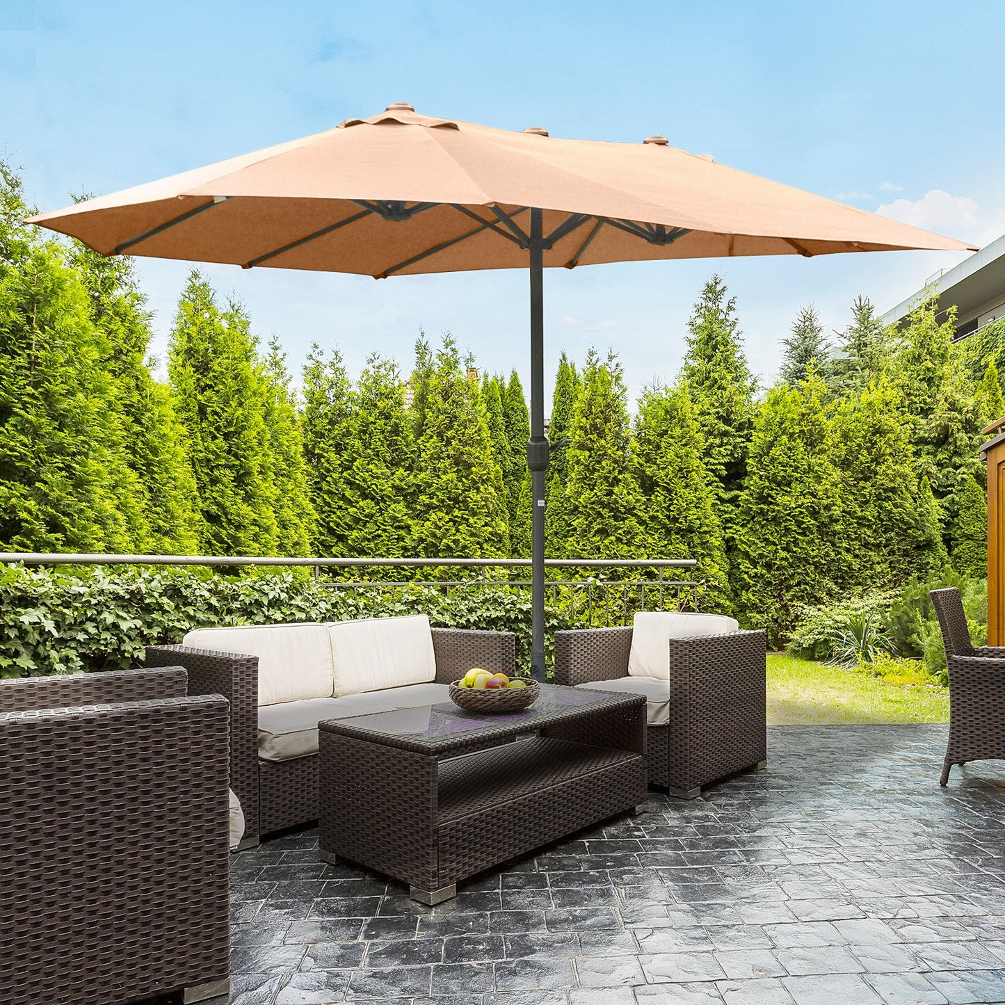 15' Outdoor Patio Umbrella with Twin Canopy Sunshade Steel Table Umbrella with Lift Crank, Cross base, Sandbag, Brown