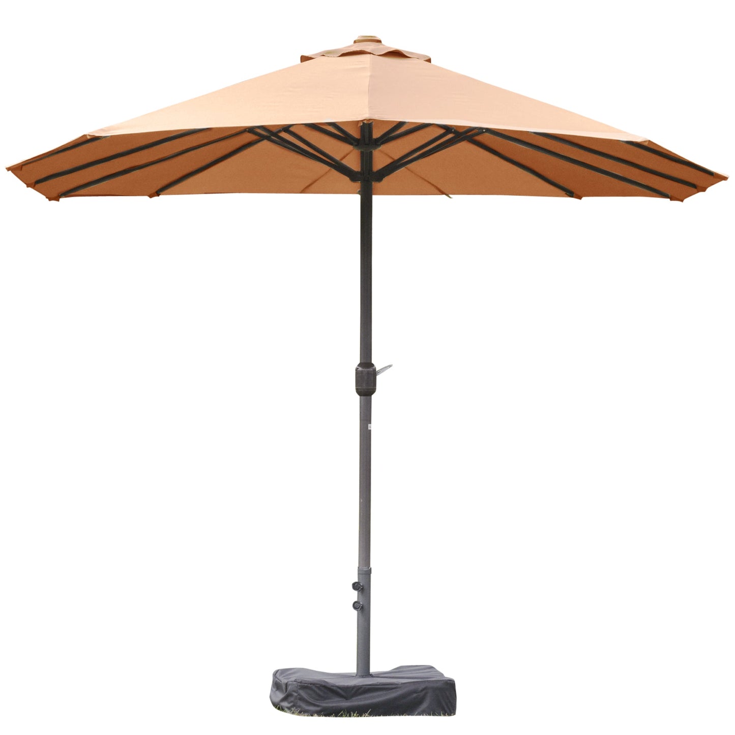 15' Outdoor Patio Umbrella with Twin Canopy Sunshade Steel Table Umbrella with Lift Crank, Cross base, Sandbag, Brown
