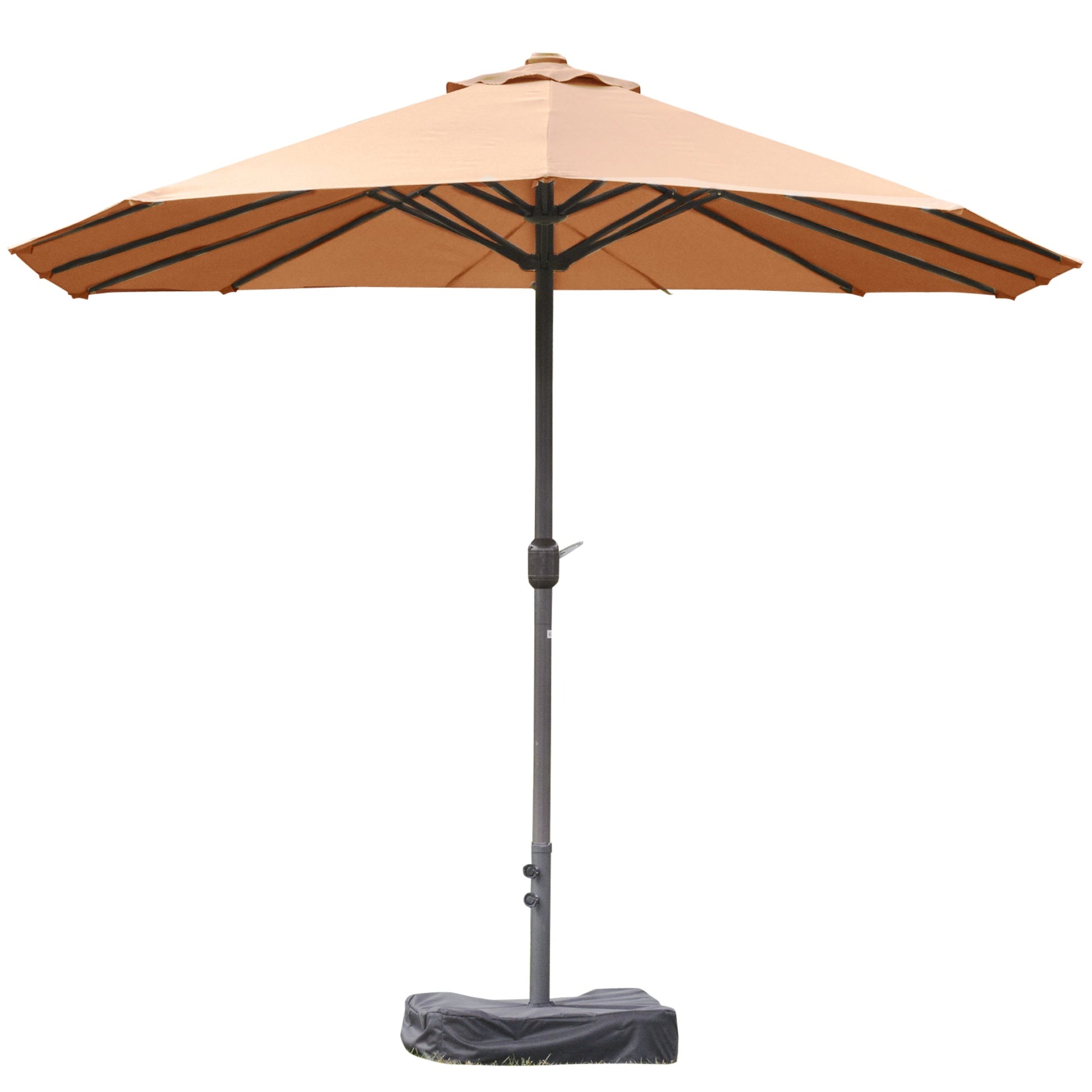 15' Outdoor Patio Umbrella with Twin Canopy Sunshade Steel Table Umbrella with Lift Crank, Cross base, Sandbag, Brown