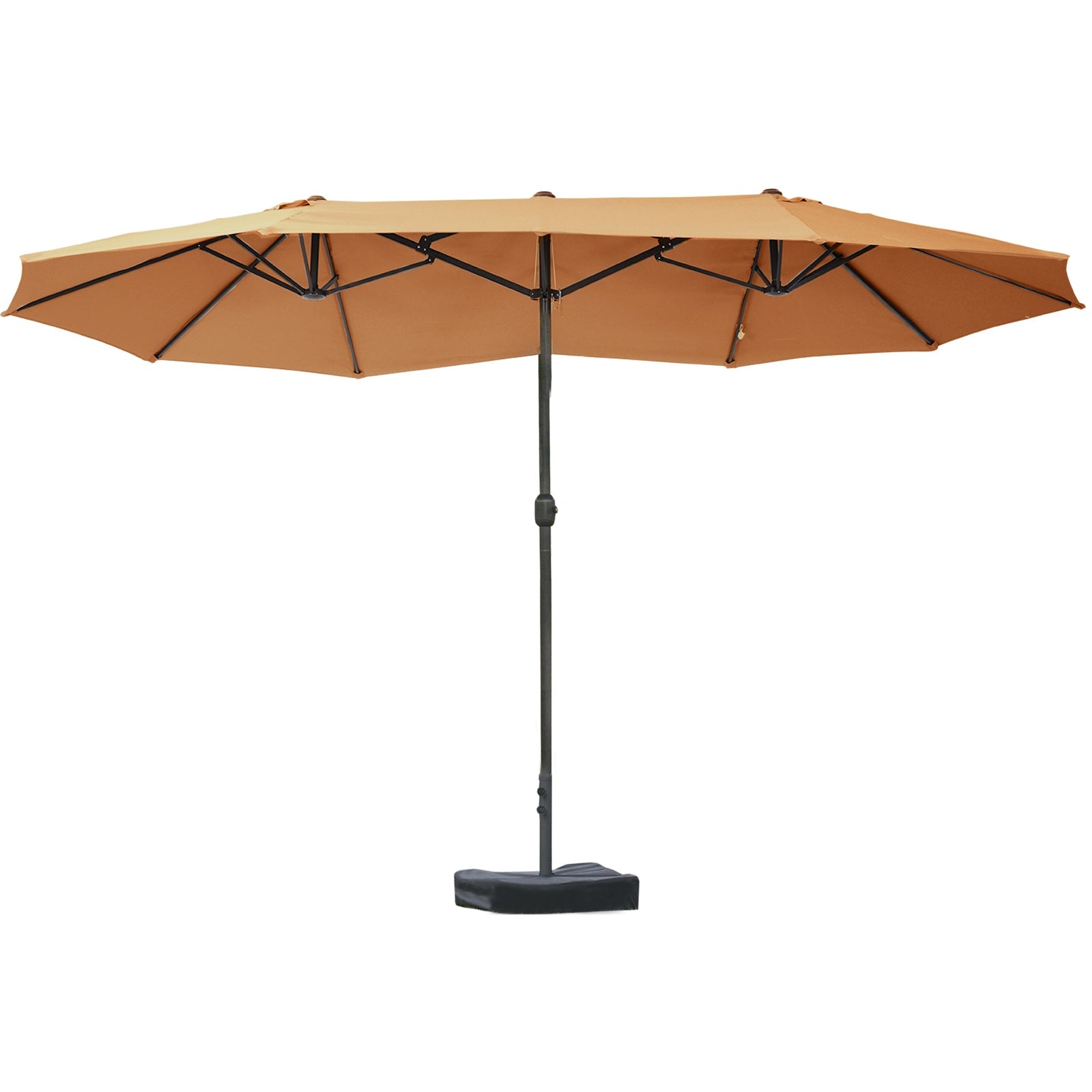 15' Outdoor Patio Umbrella with Twin Canopy Sunshade Steel Table Umbrella with Lift Crank, Cross base, Sandbag, Brown