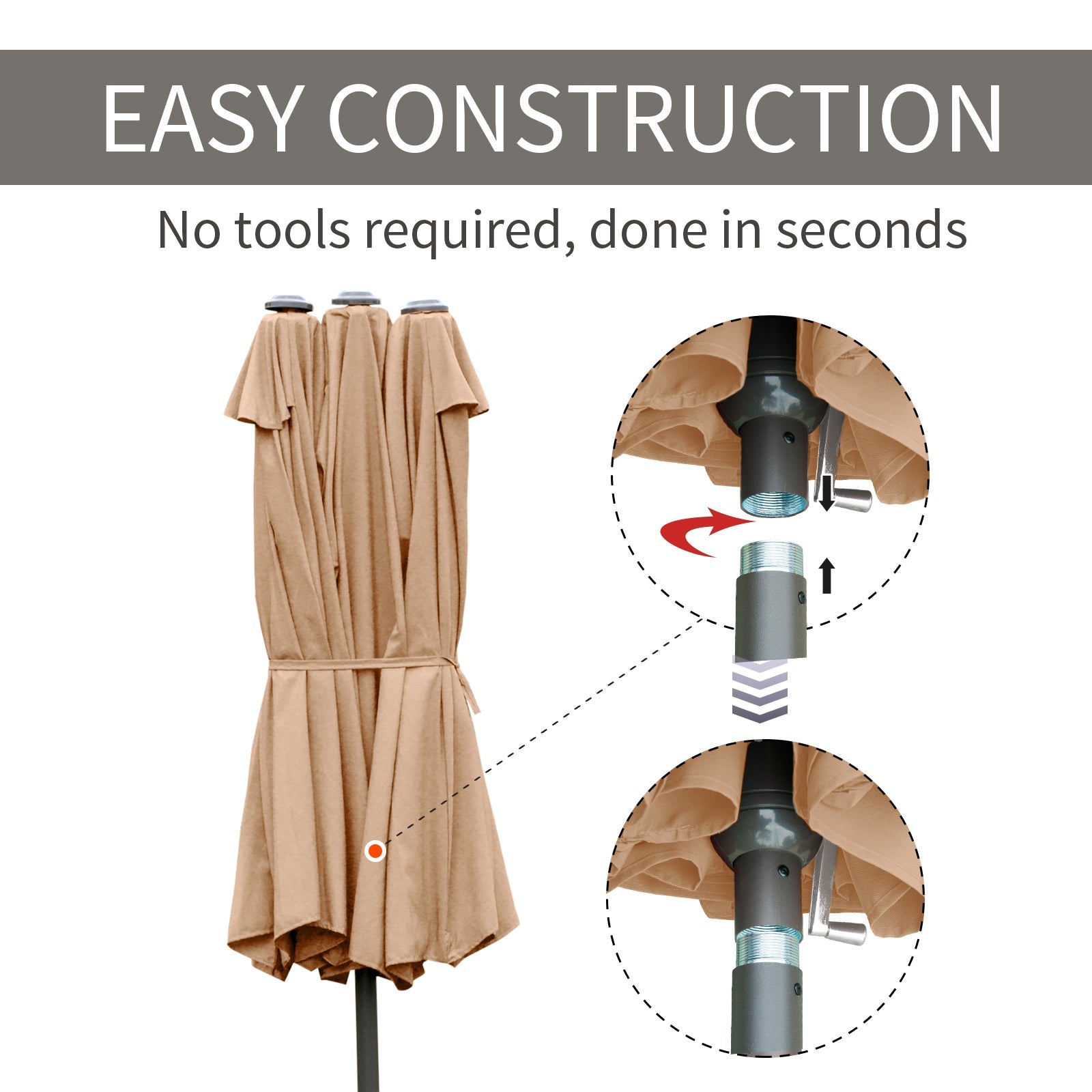 15' Outdoor Patio Umbrella with Twin Canopy Sunshade Steel Table Umbrella with Lift Crank, Cross base, Sandbag, Brown