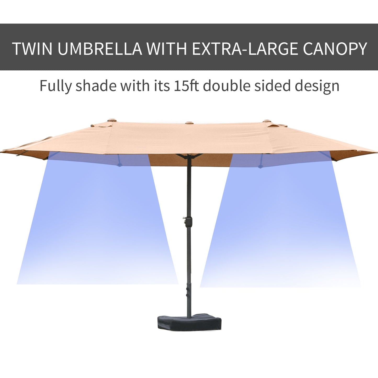 15' Outdoor Patio Umbrella with Twin Canopy Sunshade Steel Table Umbrella with Lift Crank, Cross base, Sandbag, Brown