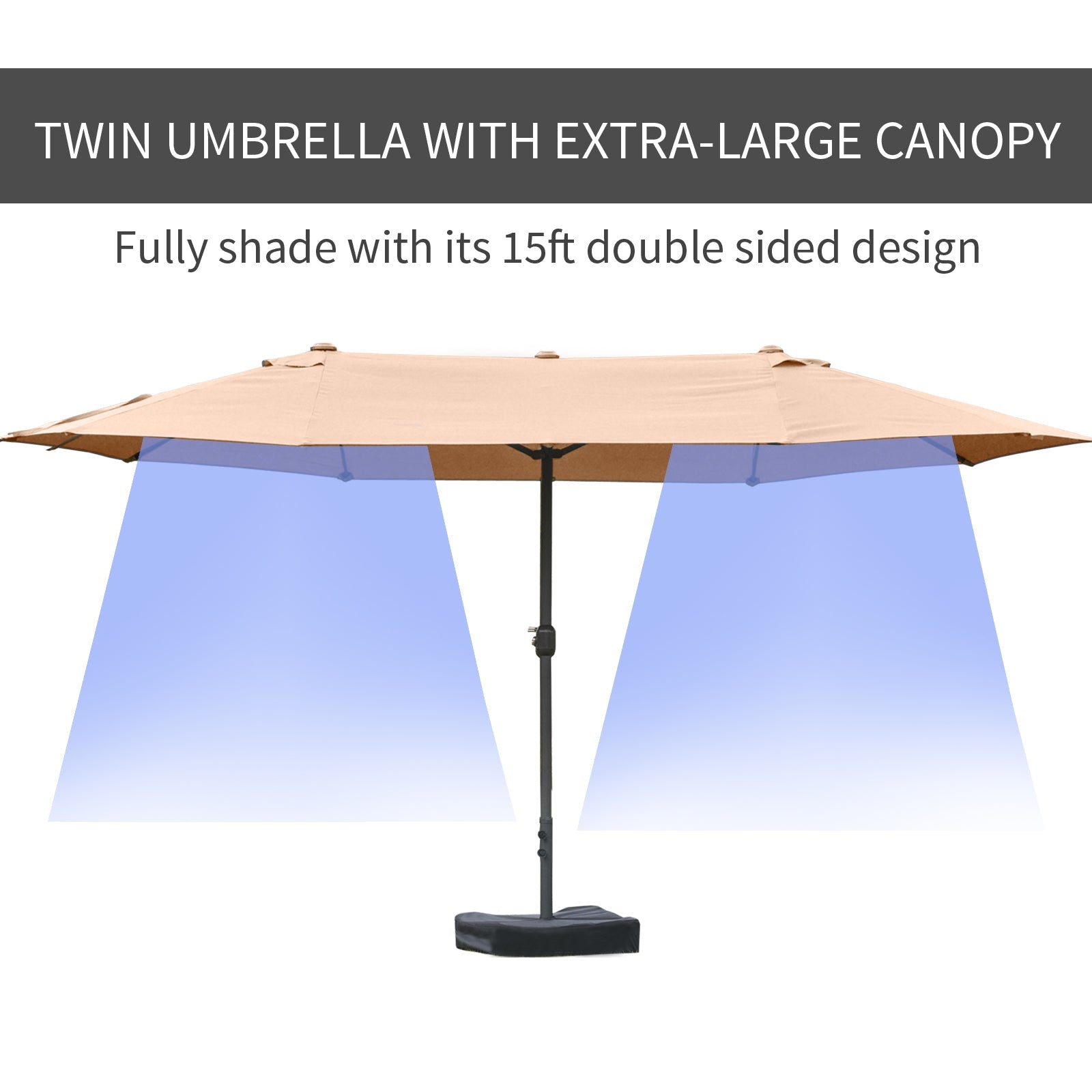 15' Outdoor Patio Umbrella with Twin Canopy Sunshade Steel Table Umbrella with Lift Crank, Cross base, Sandbag, Brown