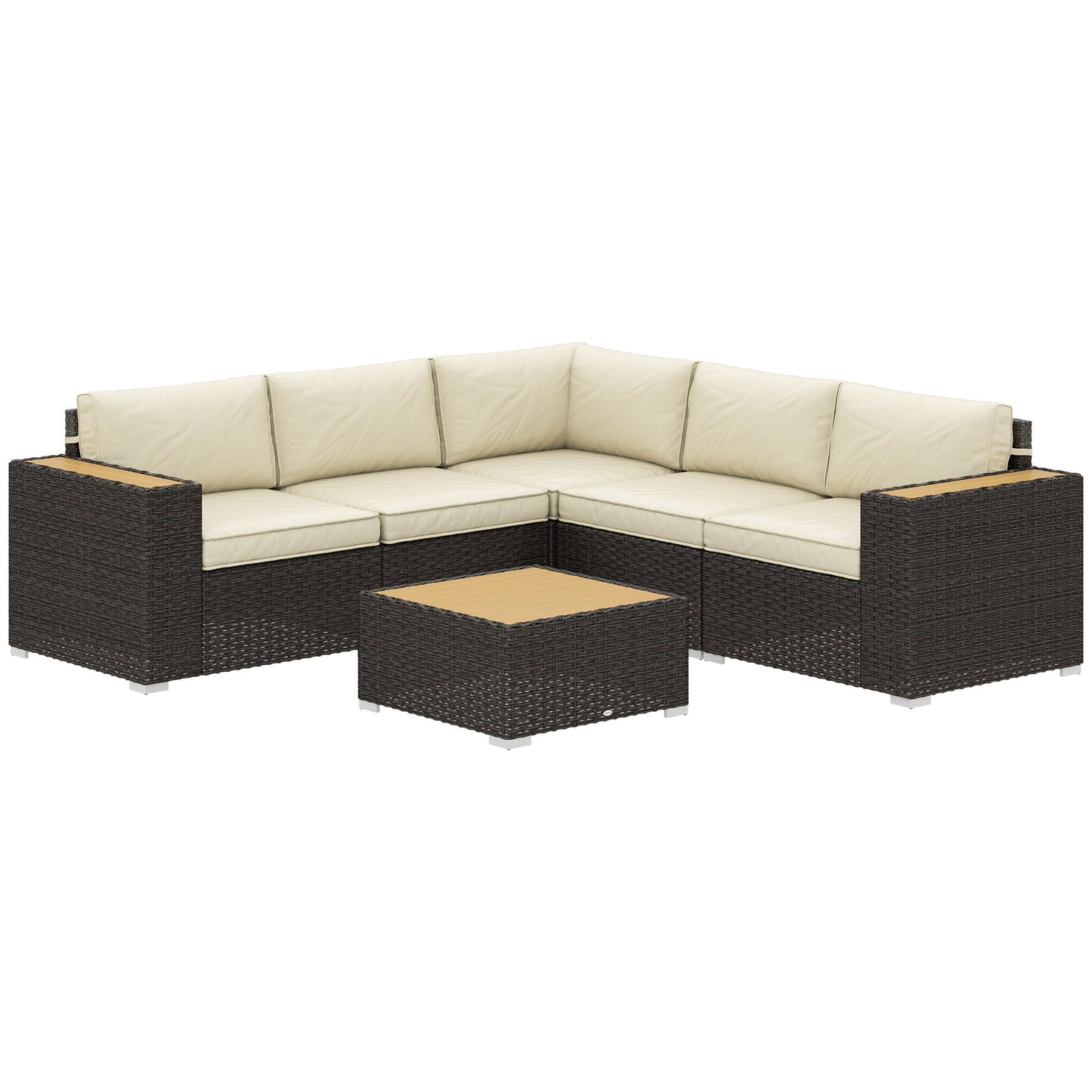 6 Pieces Rattan Patio Furniture Set, 5 Seater Sectional Outdoor Furniture with Wicker Corner Sofa and Wood-Plastic Coffee Table for Deck, Porch, Garden, Light Khaki