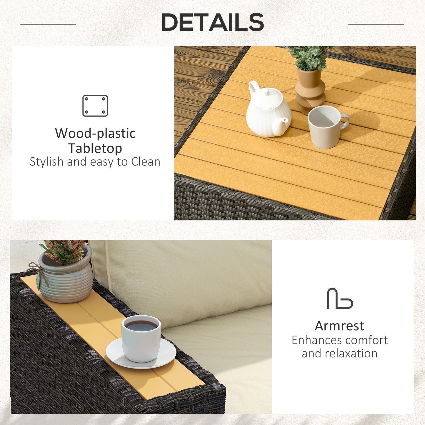 6 Pieces Rattan Patio Furniture Set, 5 Seater Sectional Outdoor Furniture with Wicker Corner Sofa and Wood-Plastic Coffee Table for Deck, Porch, Garden, Light Khaki