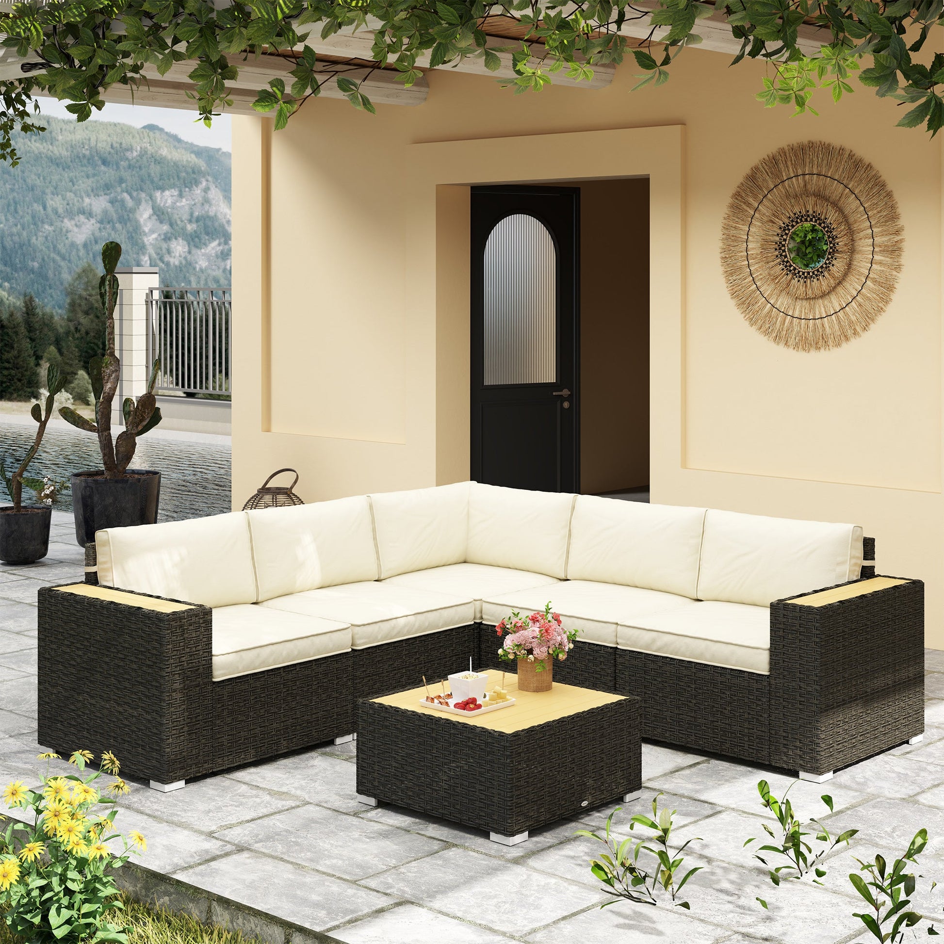 6 Pieces Rattan Patio Furniture Set, 5 Seater Sectional Outdoor Furniture with Wicker Corner Sofa and Wood-Plastic Coffee Table for Deck, Porch, Garden, Light Khaki