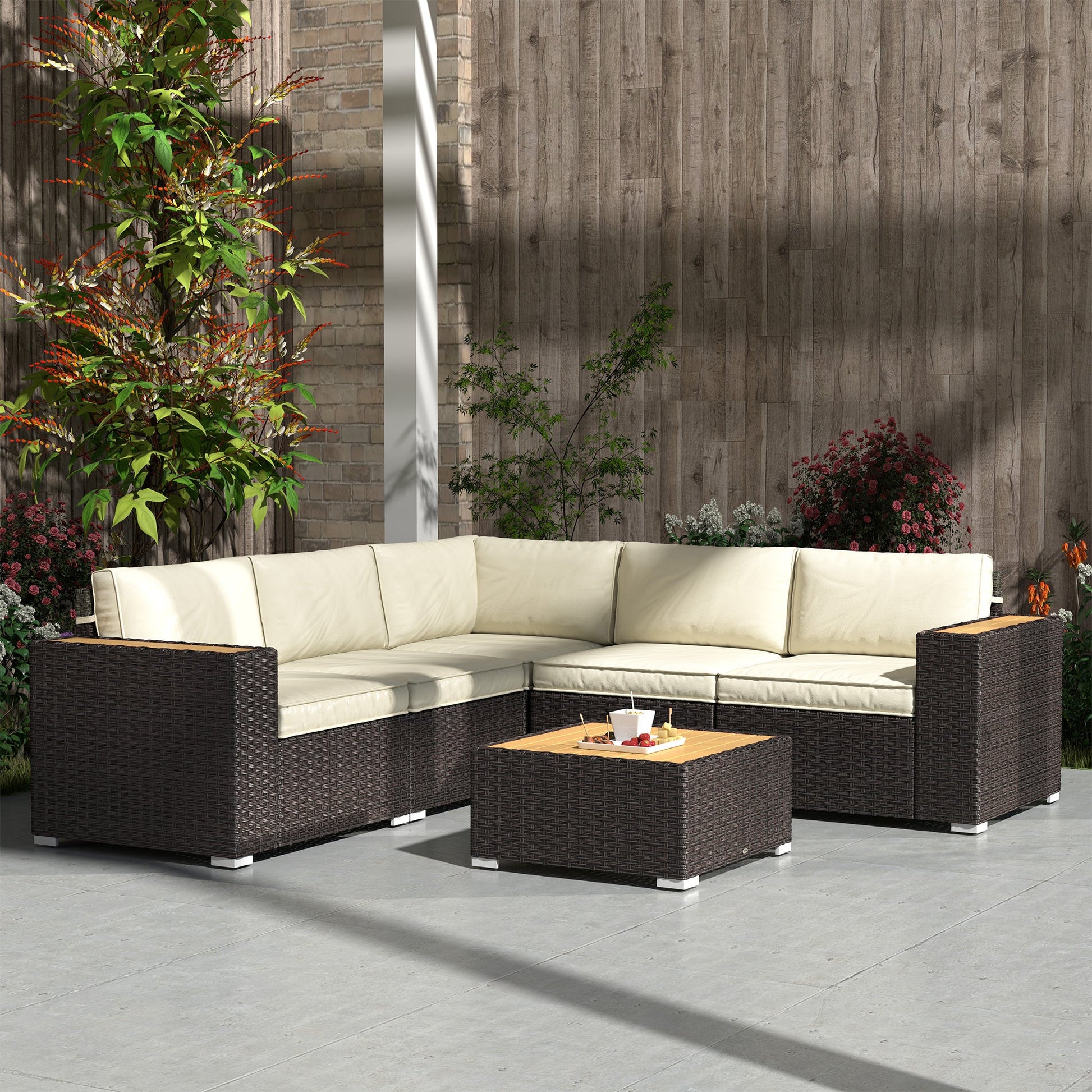 6 Pieces Rattan Patio Furniture Set, 5 Seater Sectional Outdoor Furniture with Wicker Corner Sofa and Wood-Plastic Coffee Table for Deck, Porch, Garden, Light Khaki