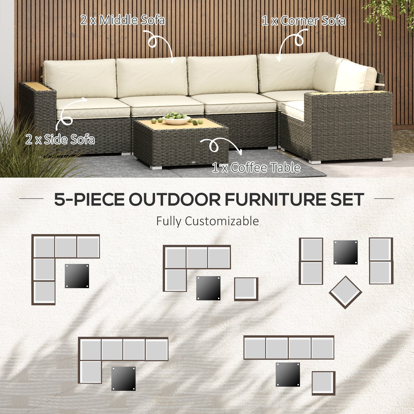 6 Pieces Rattan Patio Furniture Set, 5 Seater Sectional Outdoor Furniture with Wicker Corner Sofa and Wood-Plastic Coffee Table for Deck, Porch, Garden, Light Khaki