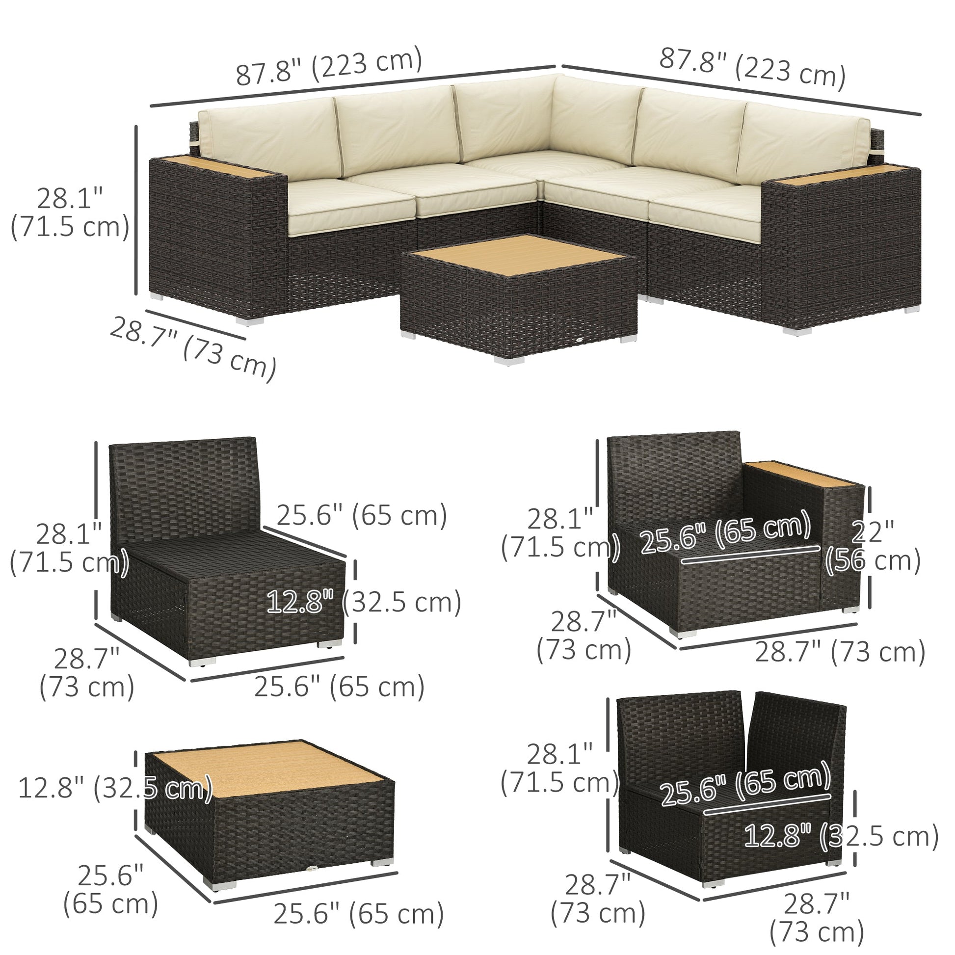 6 Pieces Rattan Patio Furniture Set, 5 Seater Sectional Outdoor Furniture with Wicker Corner Sofa and Wood-Plastic Coffee Table for Deck, Porch, Garden, Light Khaki