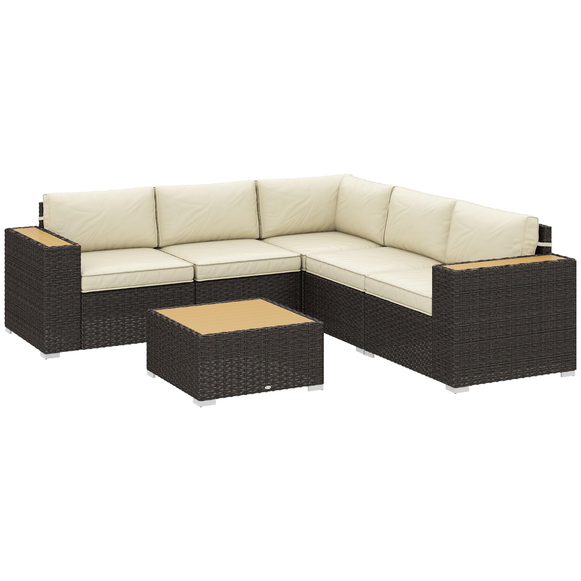 6 Pieces Rattan Patio Furniture Set, 5 Seater Sectional Outdoor Furniture with Wicker Corner Sofa and Wood-Plastic Coffee Table for Deck, Porch, Garden, Light Khaki