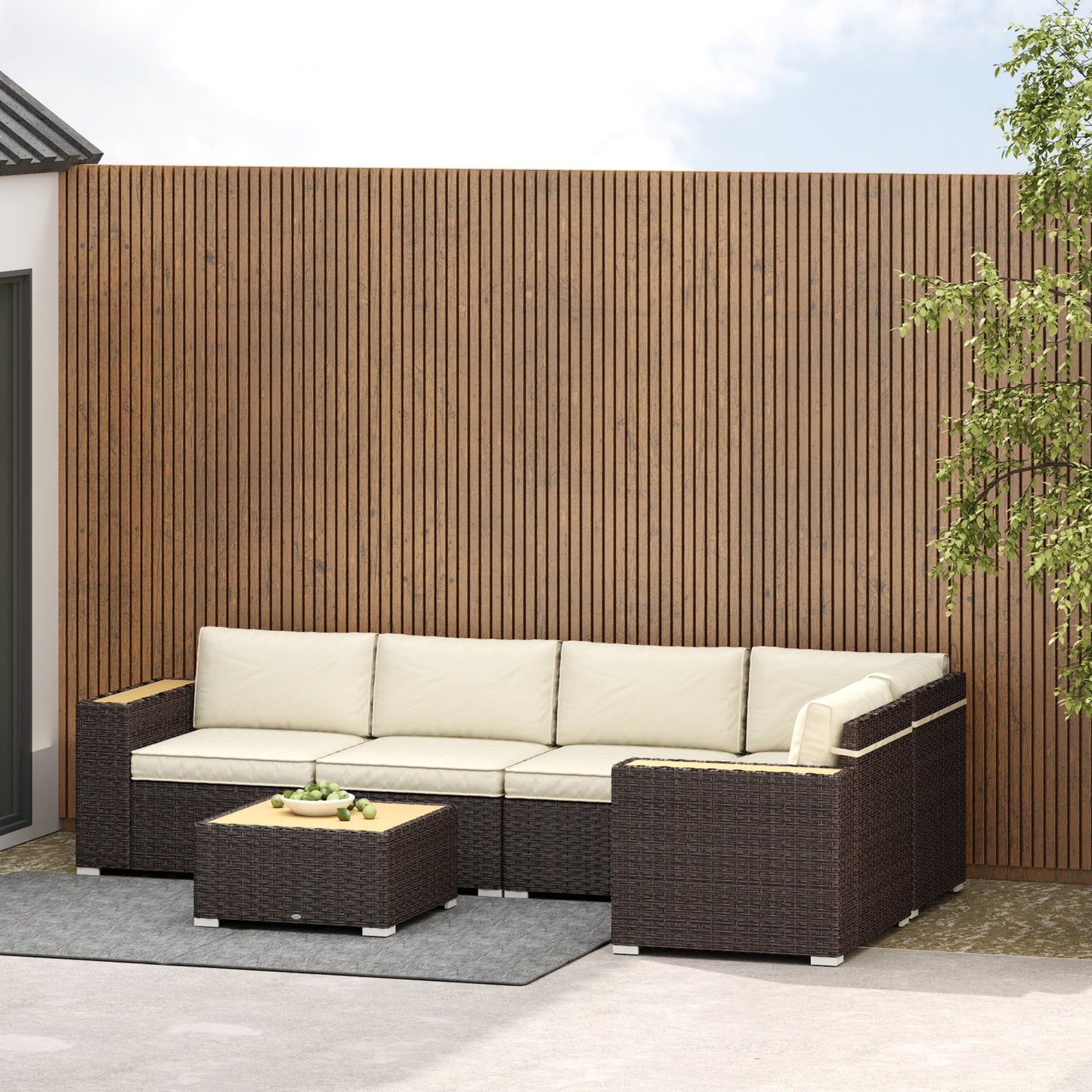 6 Pieces Rattan Patio Furniture Set, 5 Seater Sectional Outdoor Furniture with Wicker Corner Sofa and Wood-Plastic Coffee Table for Deck, Porch, Garden, Light Khaki