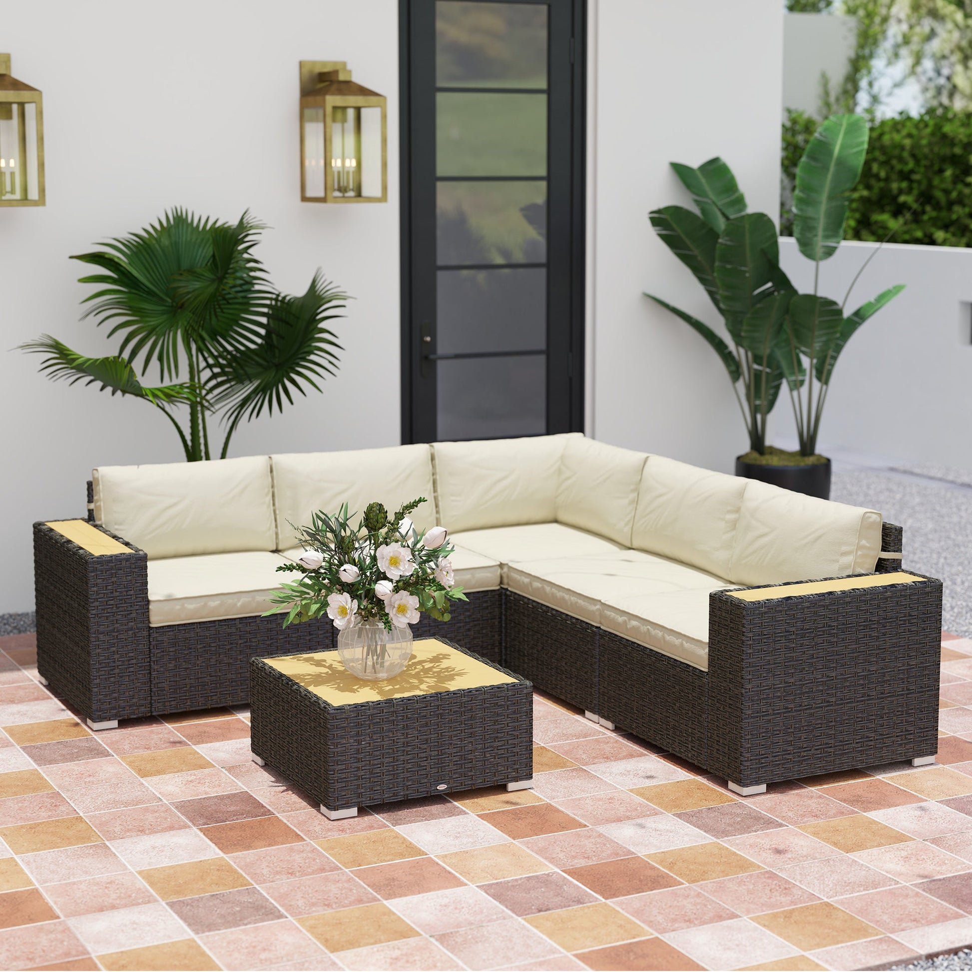6 Pieces Rattan Patio Furniture Set, 5 Seater Sectional Outdoor Furniture with Wicker Corner Sofa and Wood-Plastic Coffee Table for Deck, Porch, Garden, Light Khaki