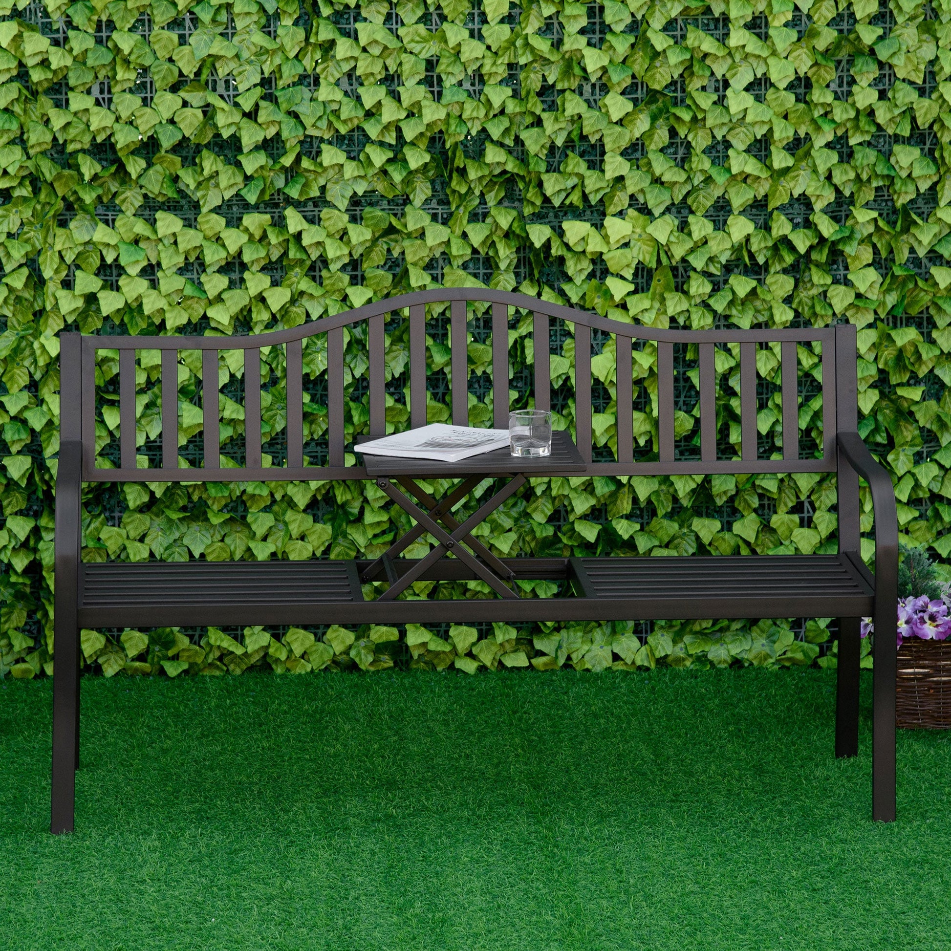 Metal Outdoor Bench with Liftable Middle Table, Patio Loveseat with Slatted Seat and Back, Garden Bench for Lawn, Porch, Seats 2–3 People, Black