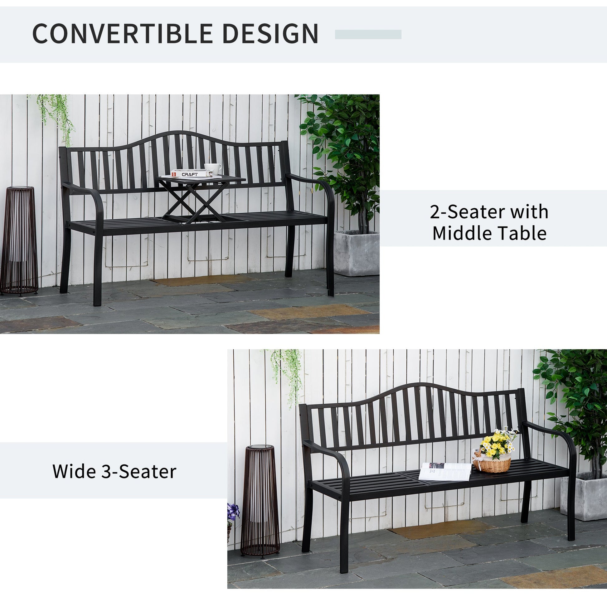 Metal Outdoor Bench with Liftable Middle Table, Patio Loveseat with Slatted Seat and Back, Garden Bench for Lawn, Porch, Seats 2–3 People, Black