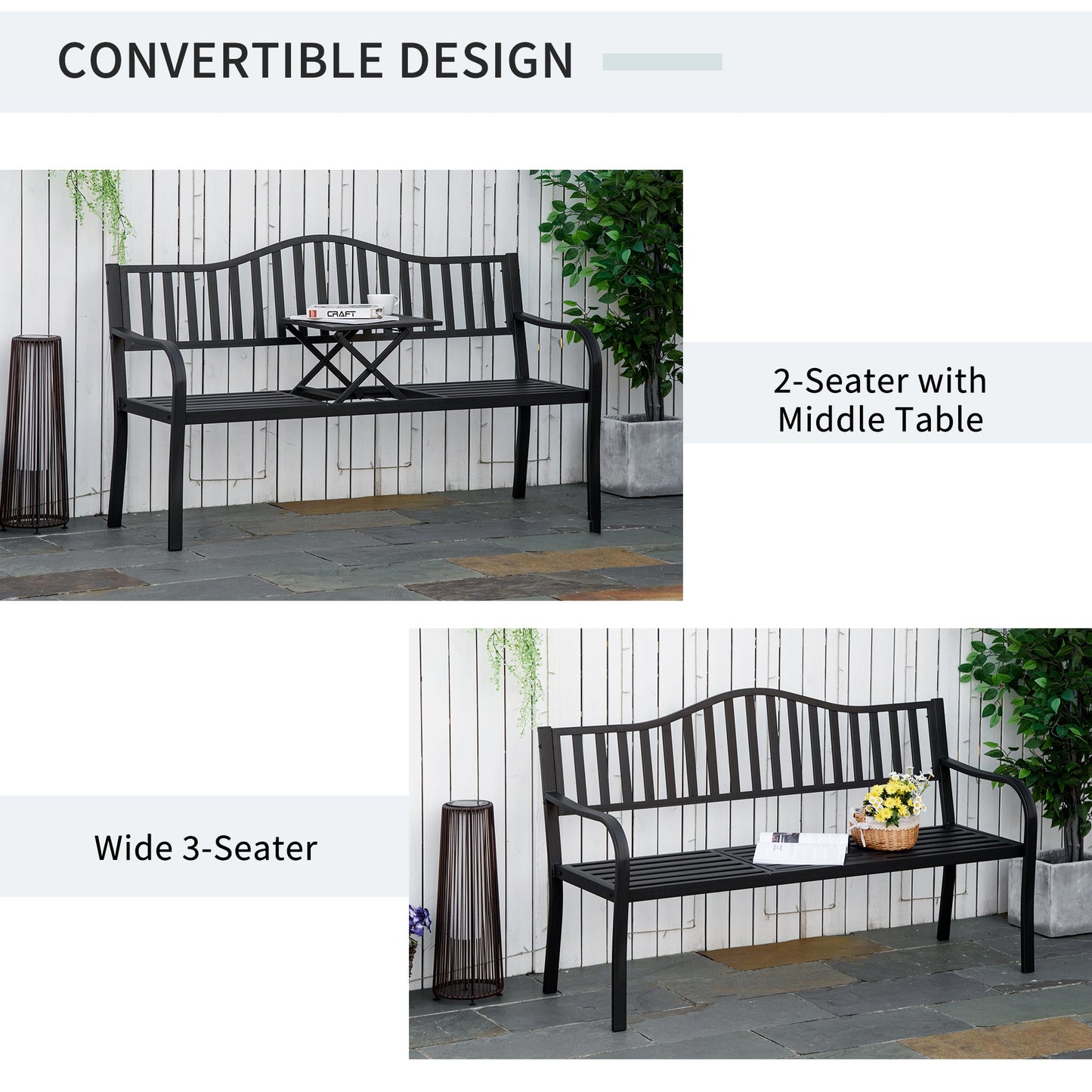 Metal Outdoor Bench with Liftable Middle Table, Patio Loveseat with Slatted Seat and Back, Garden Bench for Lawn, Porch, Seats 2–3 People, Black