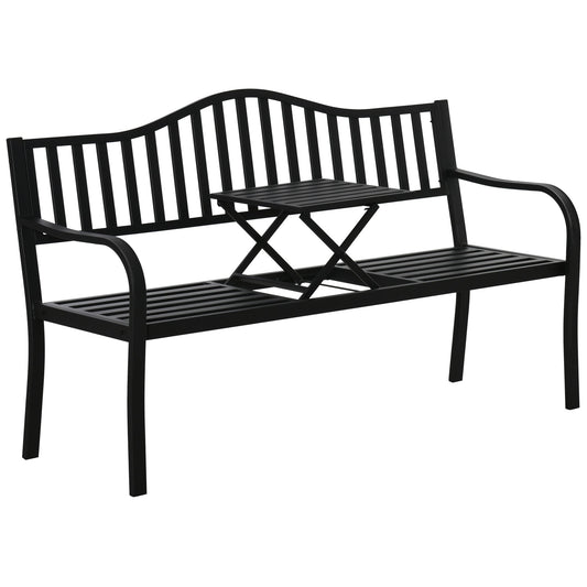 Metal Outdoor Bench with Liftable Middle Table, Patio Loveseat with Slatted Seat and Back, Garden Bench for Lawn, Porch, Seats 2–3 People, Black