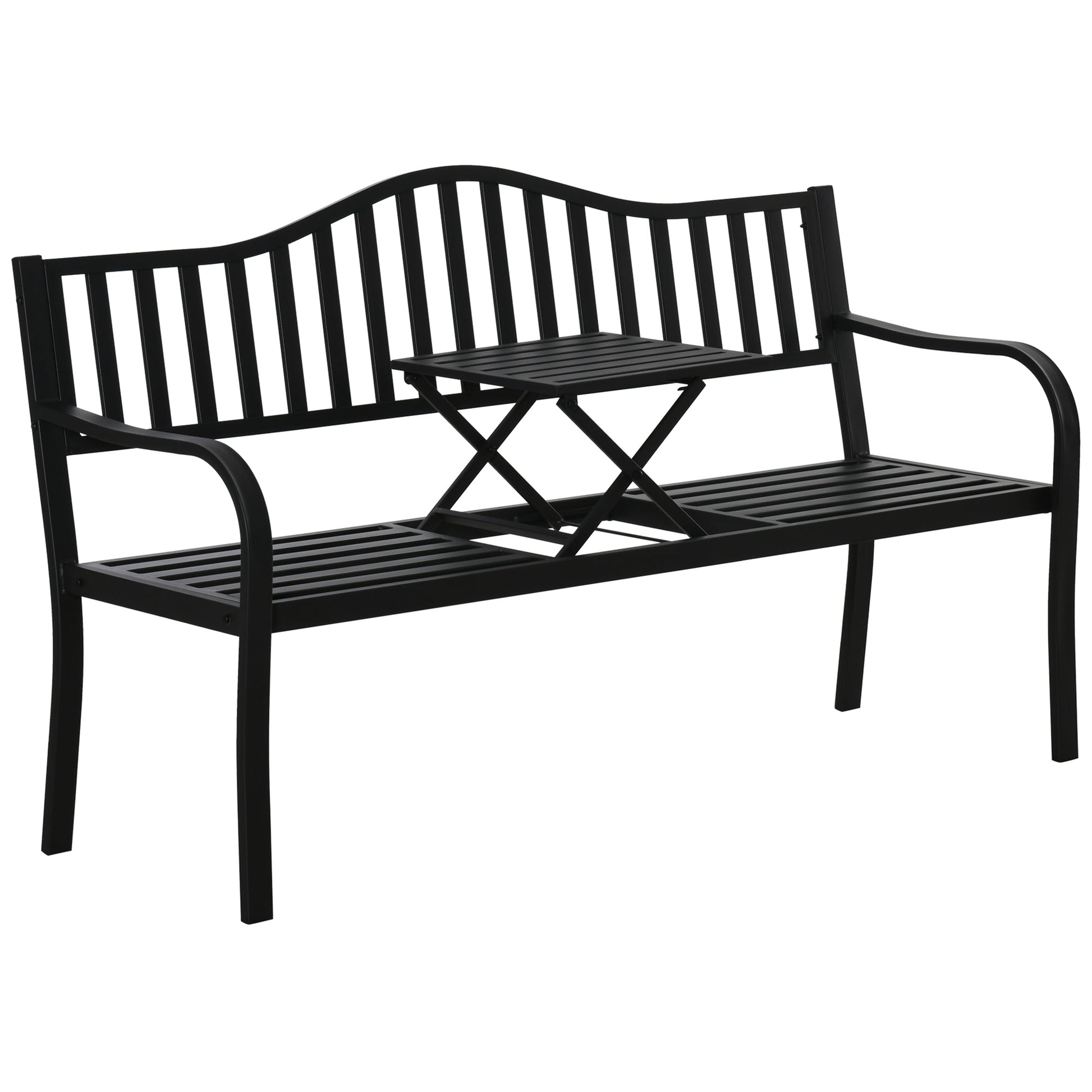 Metal Outdoor Bench with Liftable Middle Table, Patio Loveseat with Slatted Seat and Back, Garden Bench for Lawn, Porch, Seats 2–3 People, Black