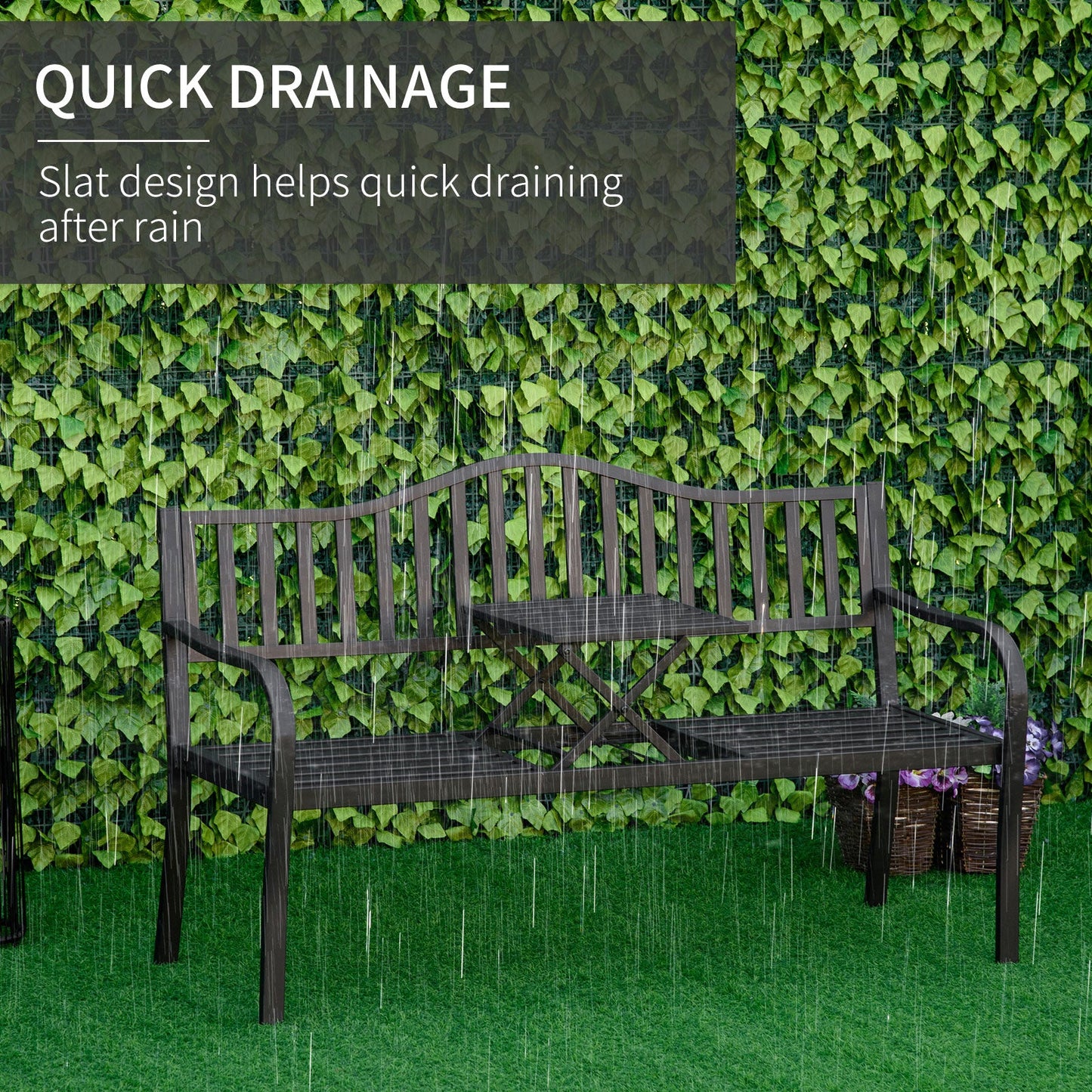 Metal Outdoor Bench with Liftable Middle Table, Patio Loveseat with Slatted Seat and Back, Garden Bench for Lawn, Porch, Seats 2–3 People, Black