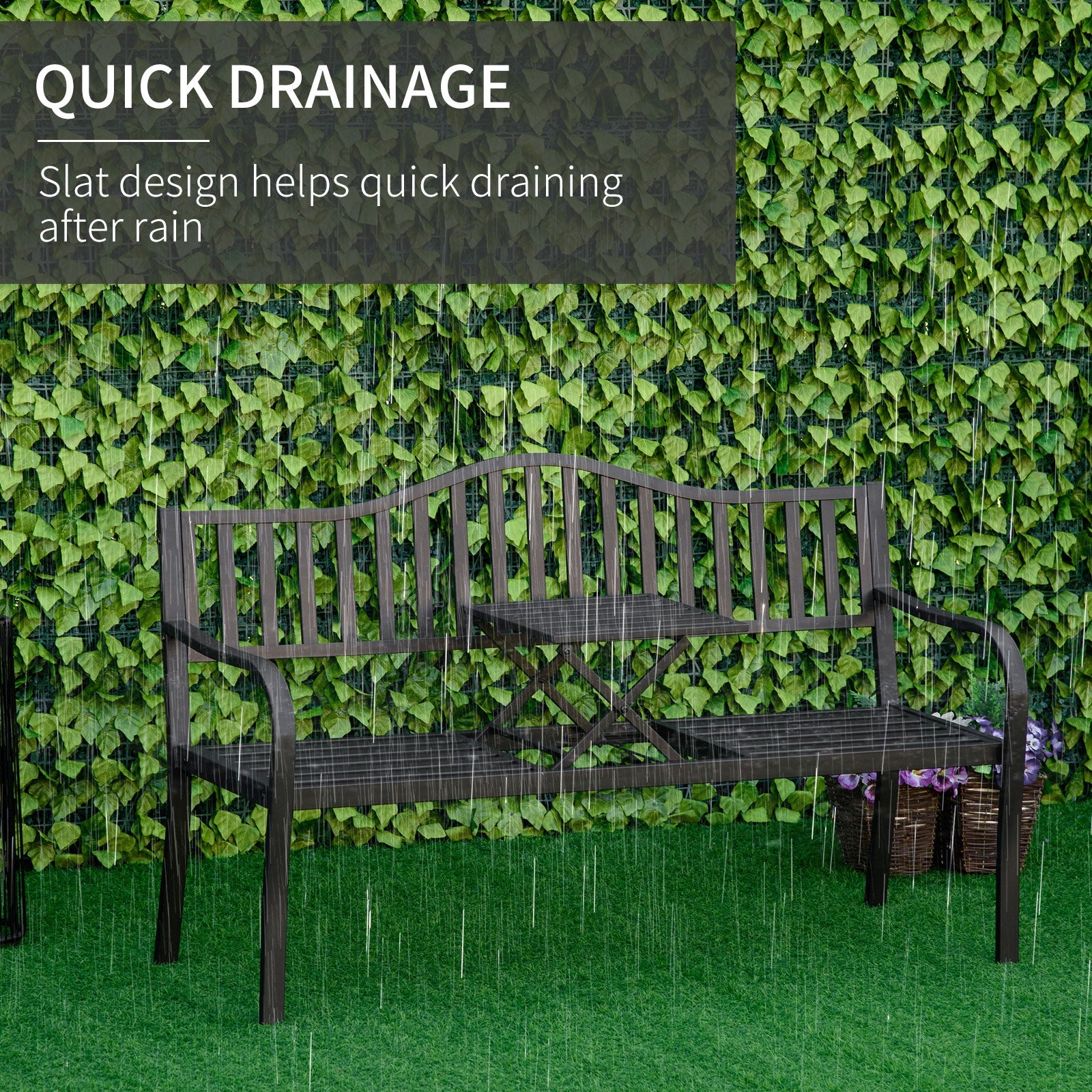 Metal Outdoor Bench with Liftable Middle Table, Patio Loveseat with Slatted Seat and Back, Garden Bench for Lawn, Porch, Seats 2–3 People, Black