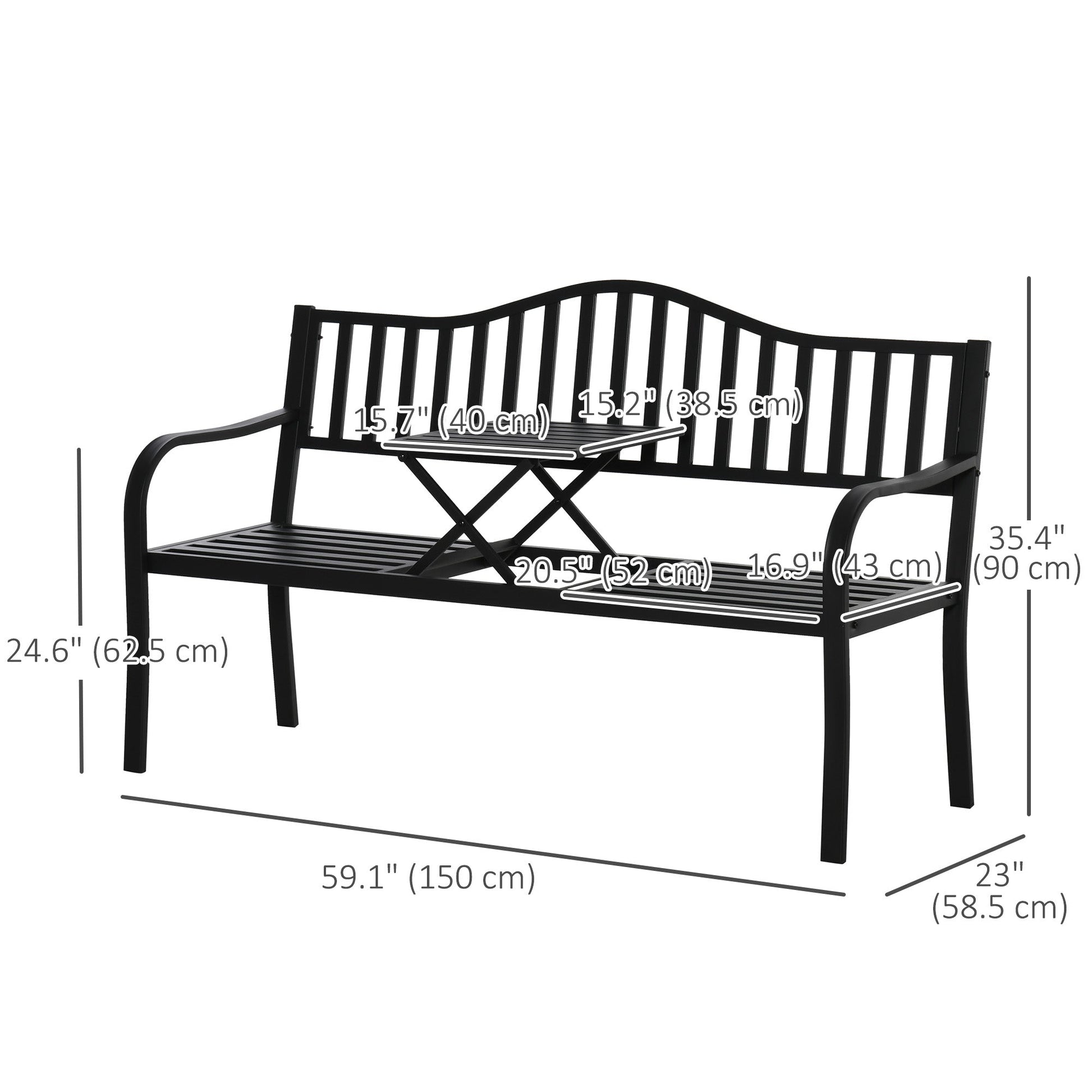 Metal Outdoor Bench with Liftable Middle Table, Patio Loveseat with Slatted Seat and Back, Garden Bench for Lawn, Porch, Seats 2–3 People, Black