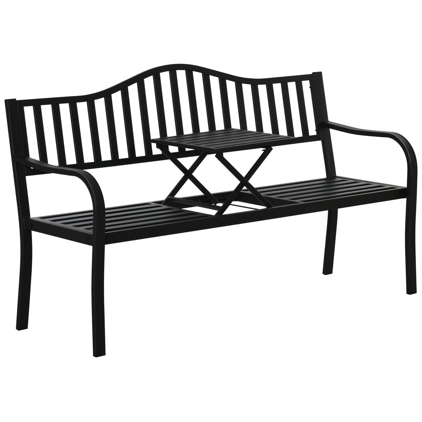 Metal Outdoor Bench with Liftable Middle Table, Patio Loveseat with Slatted Seat and Back, Garden Bench for Lawn, Porch, Seats 2–3 People, Black