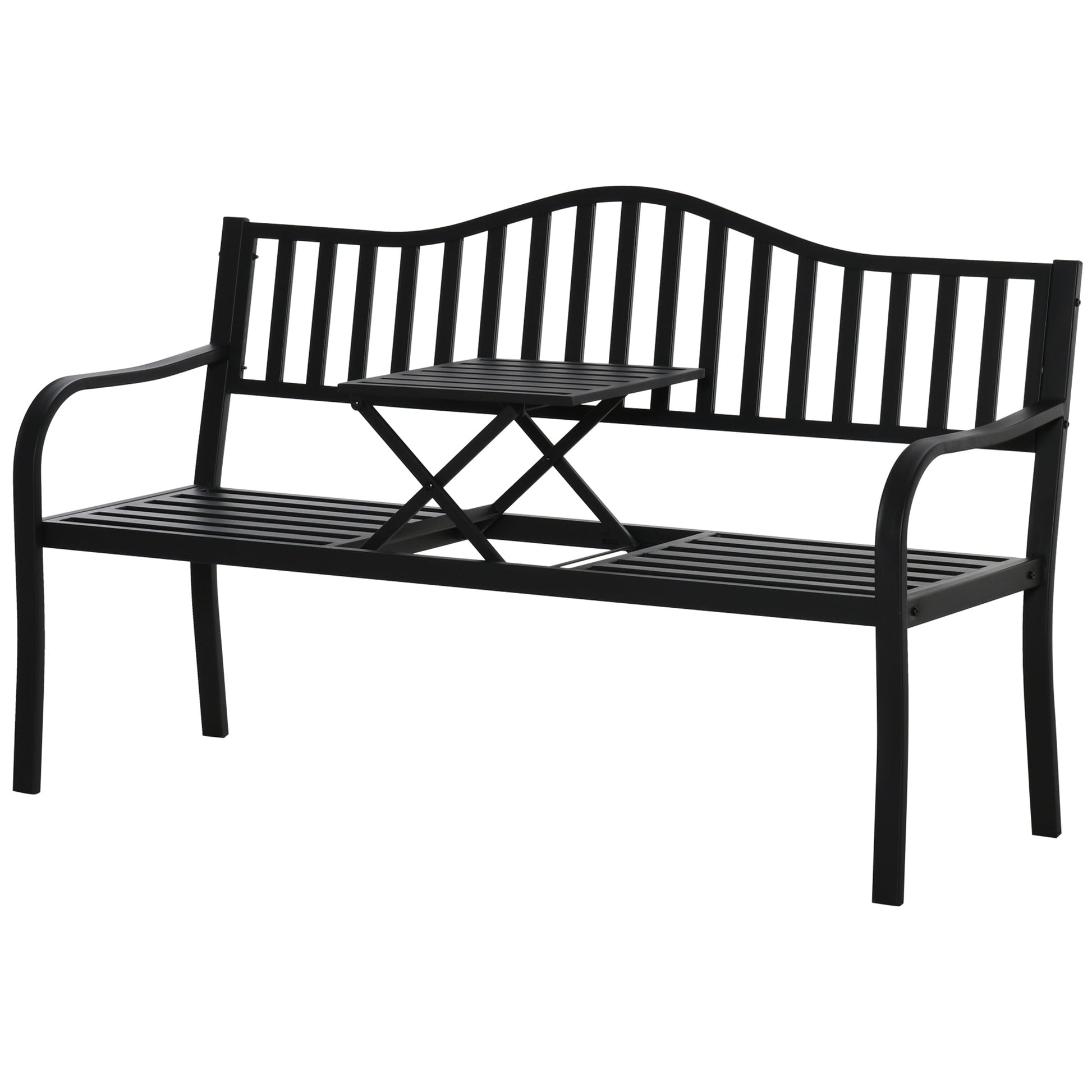 Metal Outdoor Bench with Liftable Middle Table, Patio Loveseat with Slatted Seat and Back, Garden Bench for Lawn, Porch, Seats 2–3 People, Black