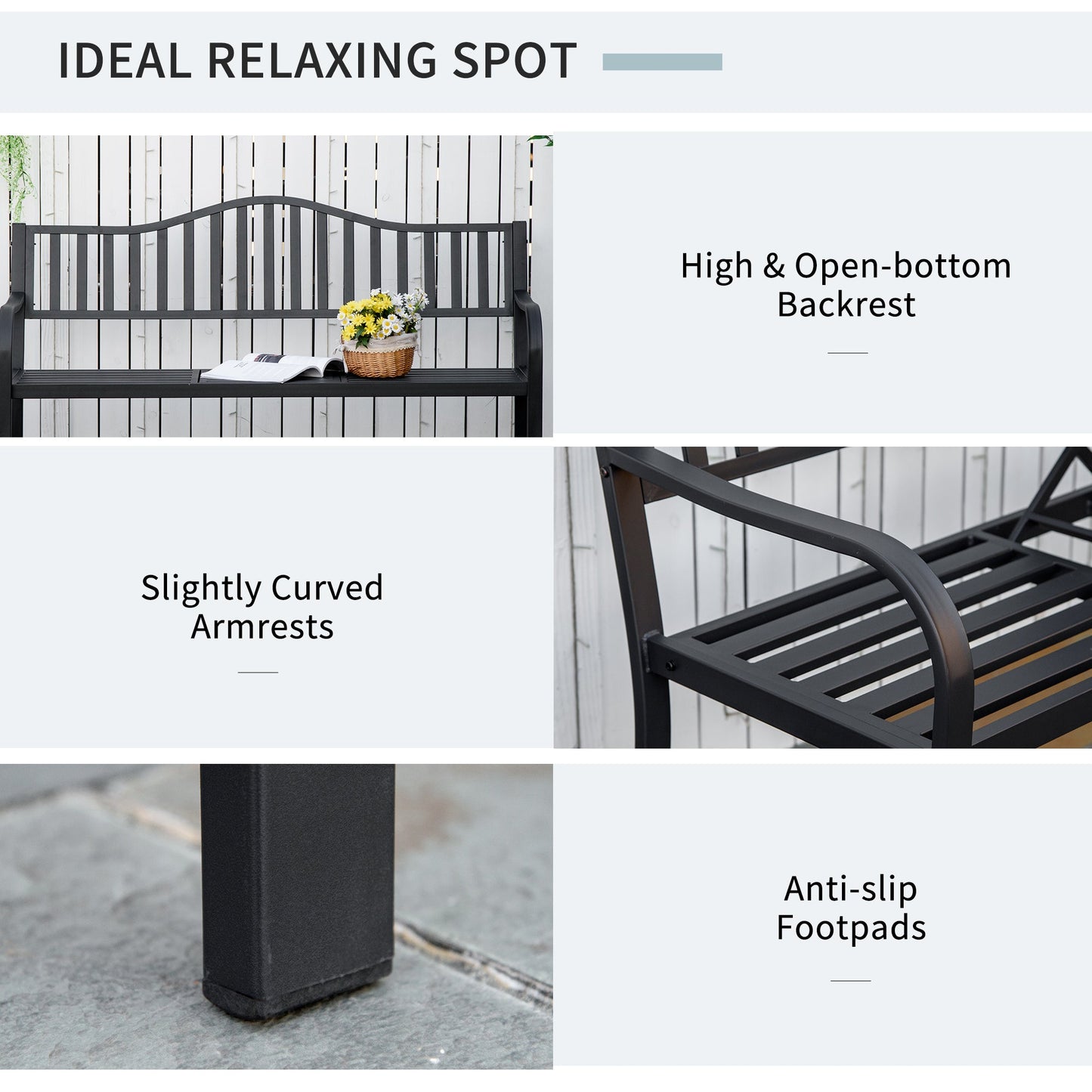 Metal Outdoor Bench with Liftable Middle Table, Patio Loveseat with Slatted Seat and Back, Garden Bench for Lawn, Porch, Seats 2–3 People, Black