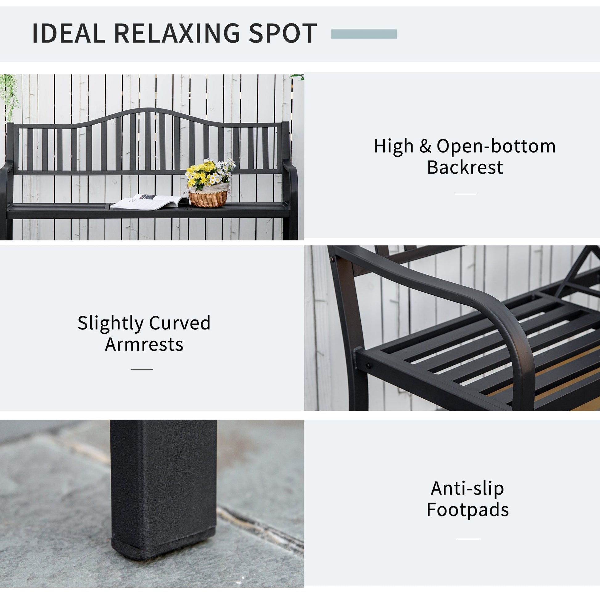 Metal Outdoor Bench with Liftable Middle Table, Patio Loveseat with Slatted Seat and Back, Garden Bench for Lawn, Porch, Seats 2–3 People, Black