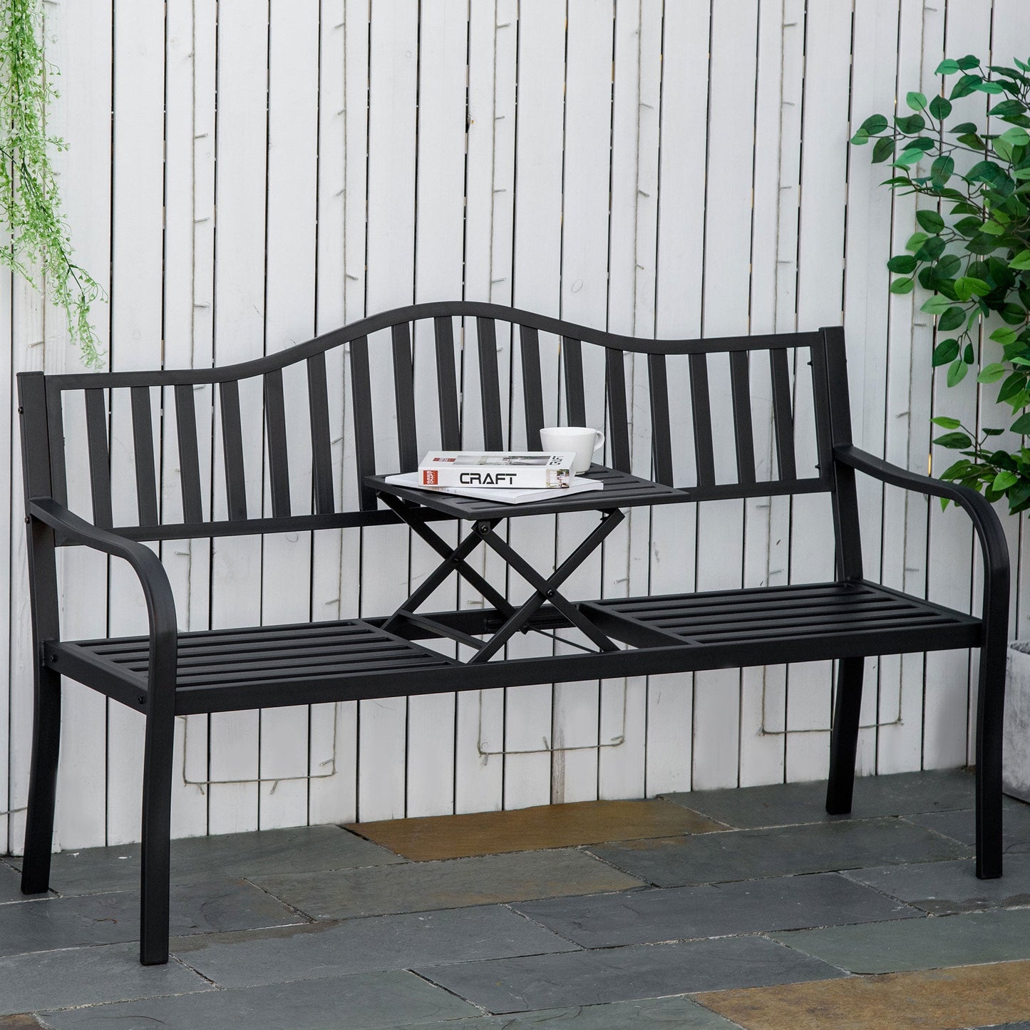 Metal Outdoor Bench with Liftable Middle Table, Patio Loveseat with Slatted Seat and Back, Garden Bench for Lawn, Porch, Seats 2–3 People, Black