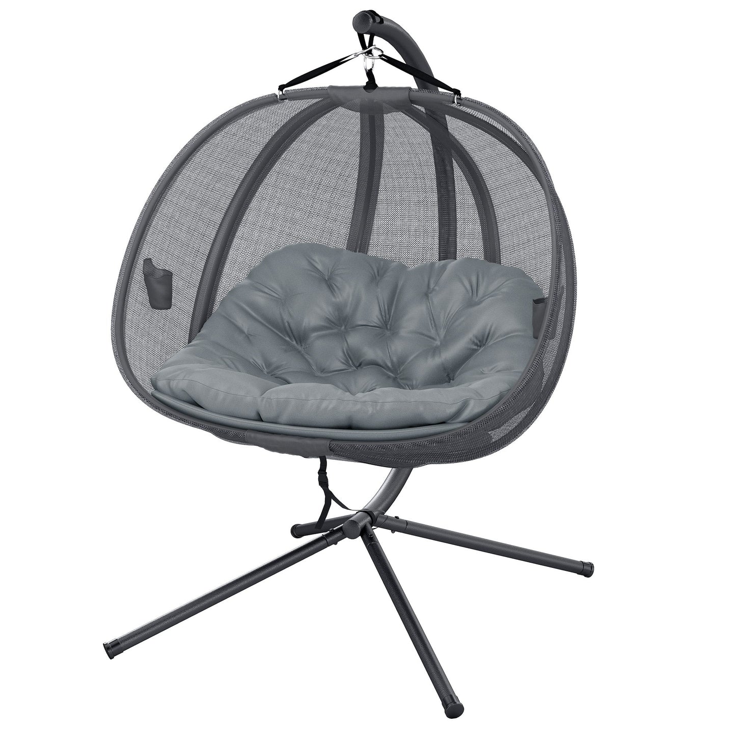 Double Egg Chair with Stand, 2 Person Hanging Swing Egg Chair Outdoor Indoor, 528 LBS Capacity Loveseat Hammock Swing with Cushion, Pockets, Grey