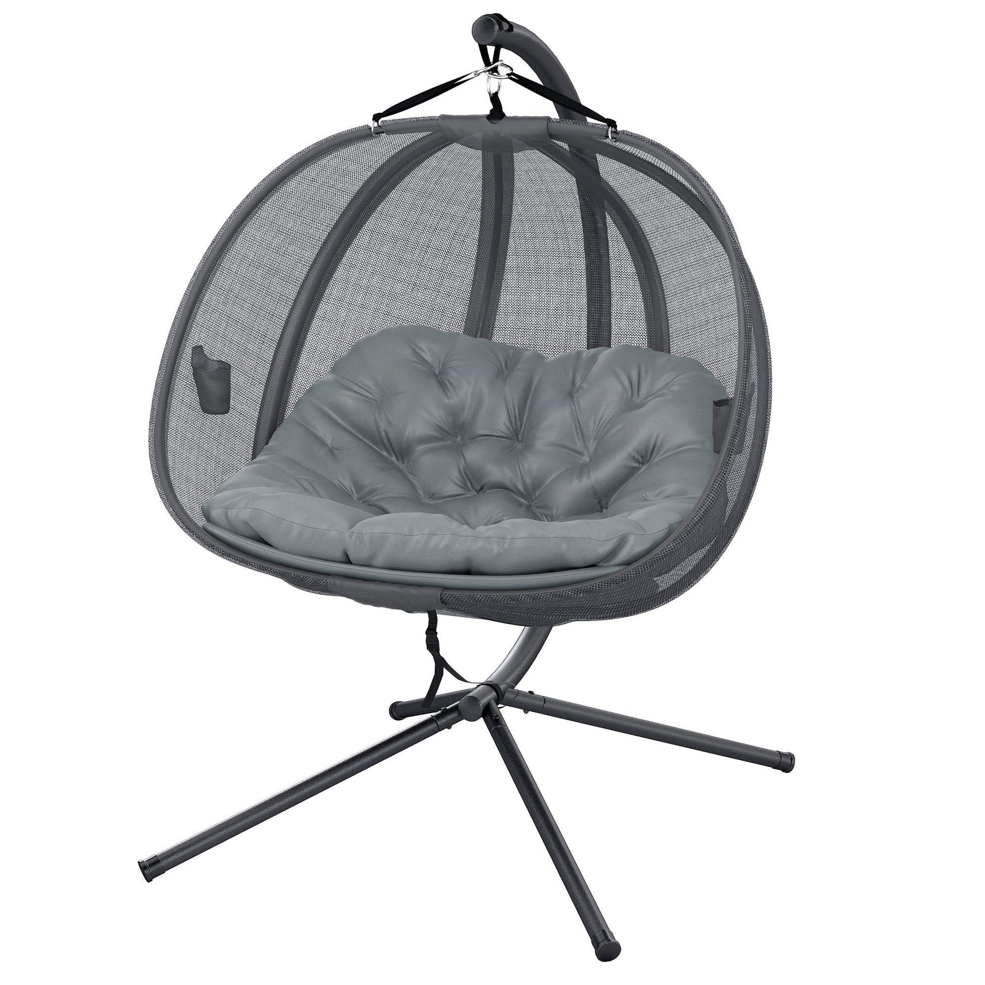 Double Egg Chair with Stand, 2 Person Hanging Swing Egg Chair Outdoor Indoor, 528 LBS Capacity Loveseat Hammock Swing with Cushion, Pockets, Grey