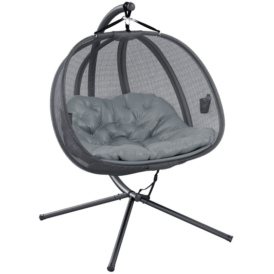 Double Egg Chair with Stand, 2 Person Hanging Swing Egg Chair Outdoor Indoor, 528 LBS Capacity Loveseat Hammock Swing with Cushion, Pockets, Grey