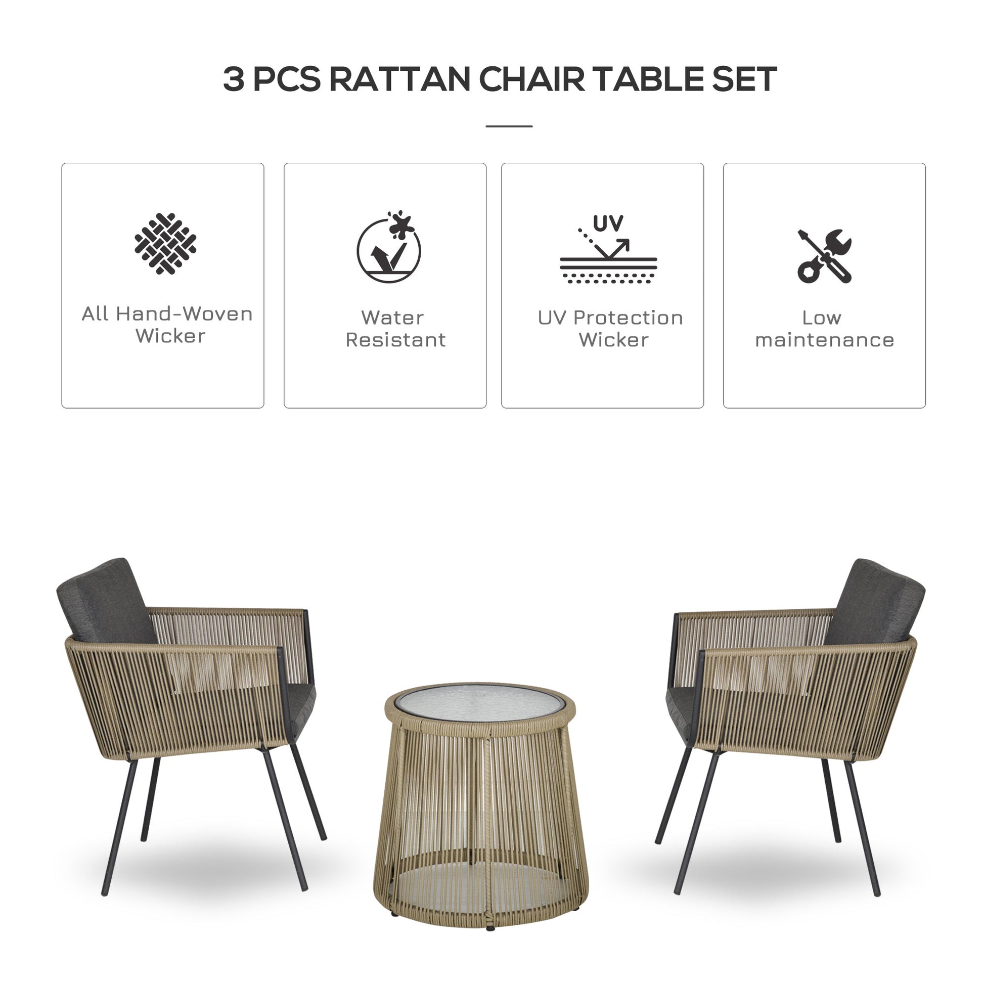 3 Pieces Wicker Patio Furniture Set, Rattan Bistro Set with Coffee Table and Cushions, Outdoor Conversation Set for Garden, Porch, Balcony, Grey