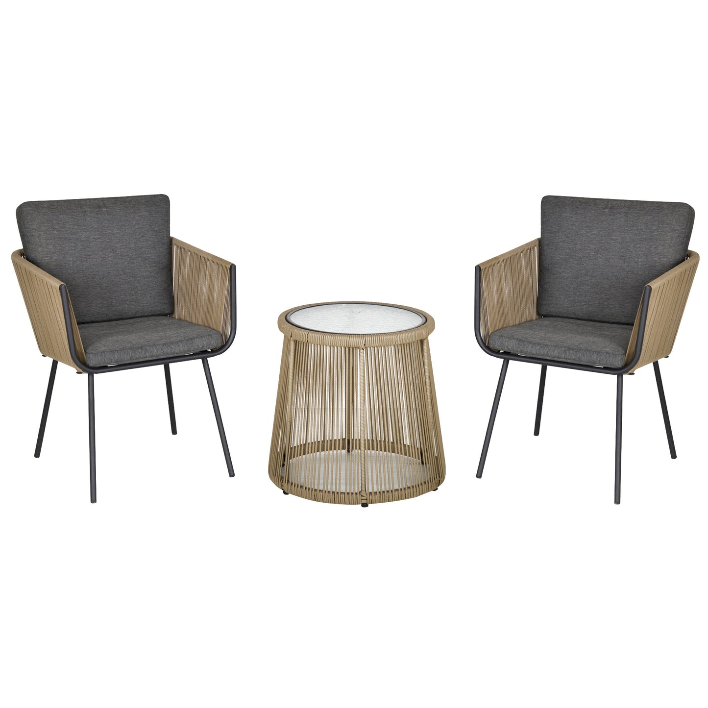 3 Pieces Wicker Patio Furniture Set, Rattan Bistro Set with Coffee Table and Cushions, Outdoor Conversation Set for Garden, Porch, Balcony, Grey