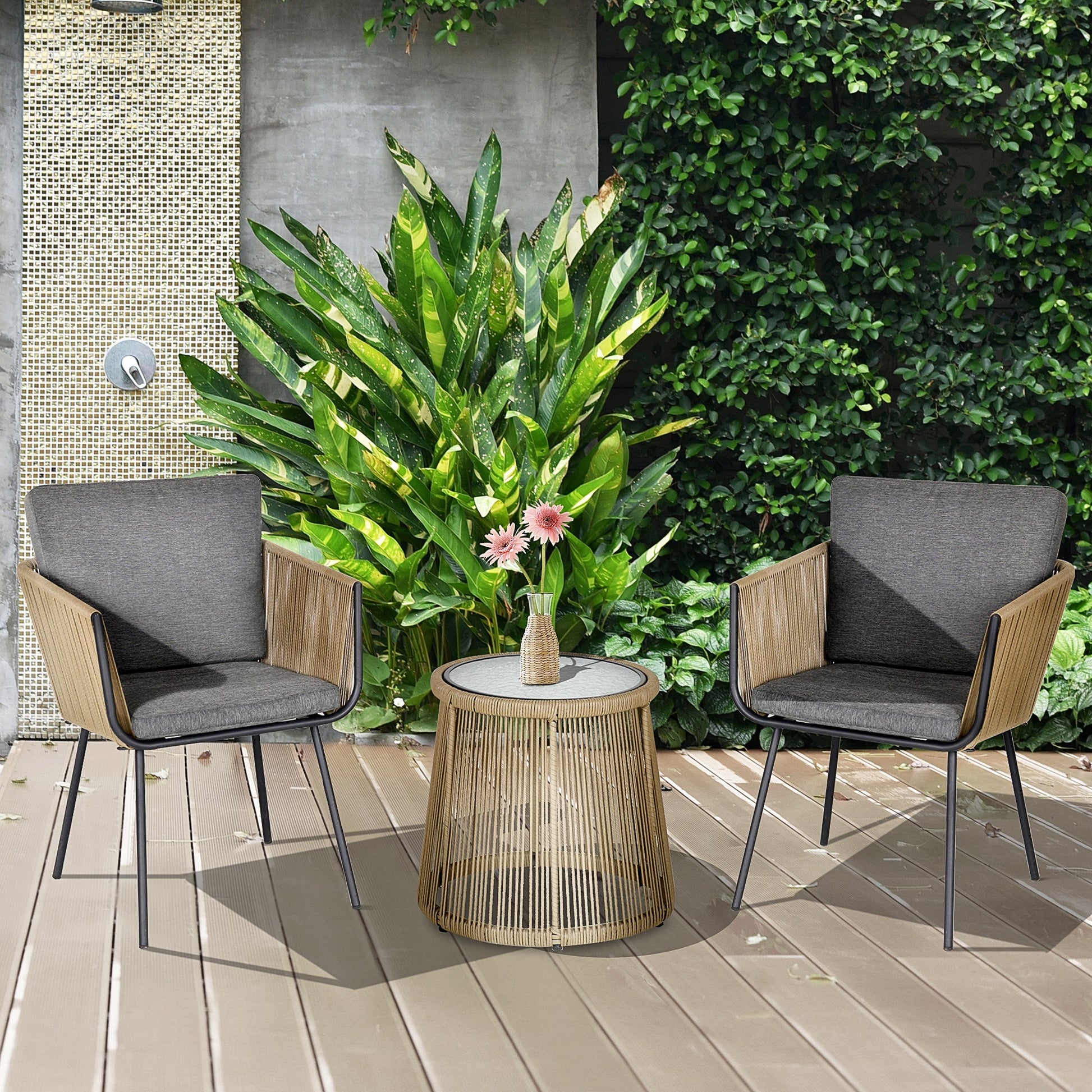 3 Pieces Wicker Patio Furniture Set, Rattan Bistro Set with Coffee Table and Cushions, Outdoor Conversation Set for Garden, Porch, Balcony, Grey