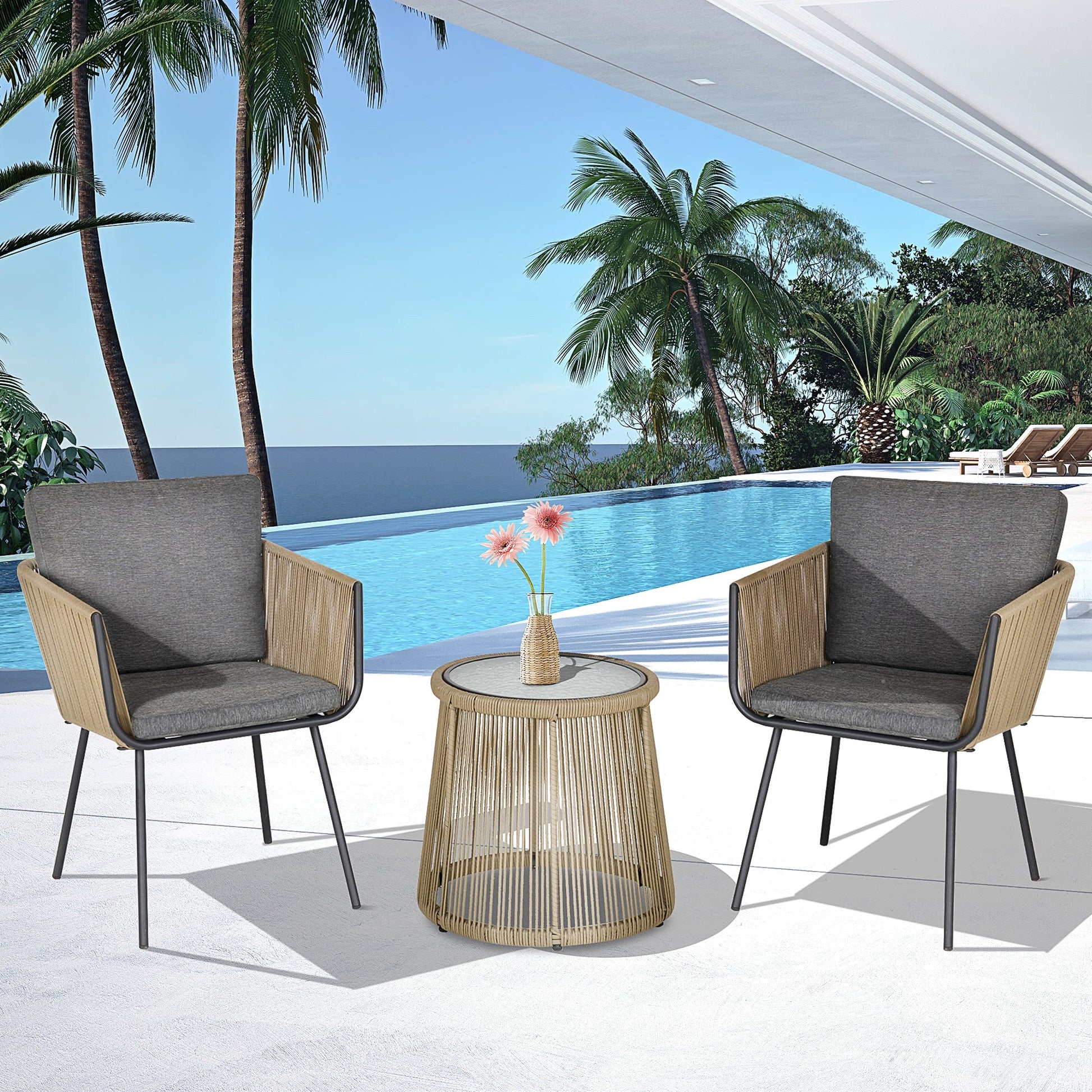 3 Pieces Wicker Patio Furniture Set, Rattan Bistro Set with Coffee Table and Cushions, Outdoor Conversation Set for Garden, Porch, Balcony, Grey