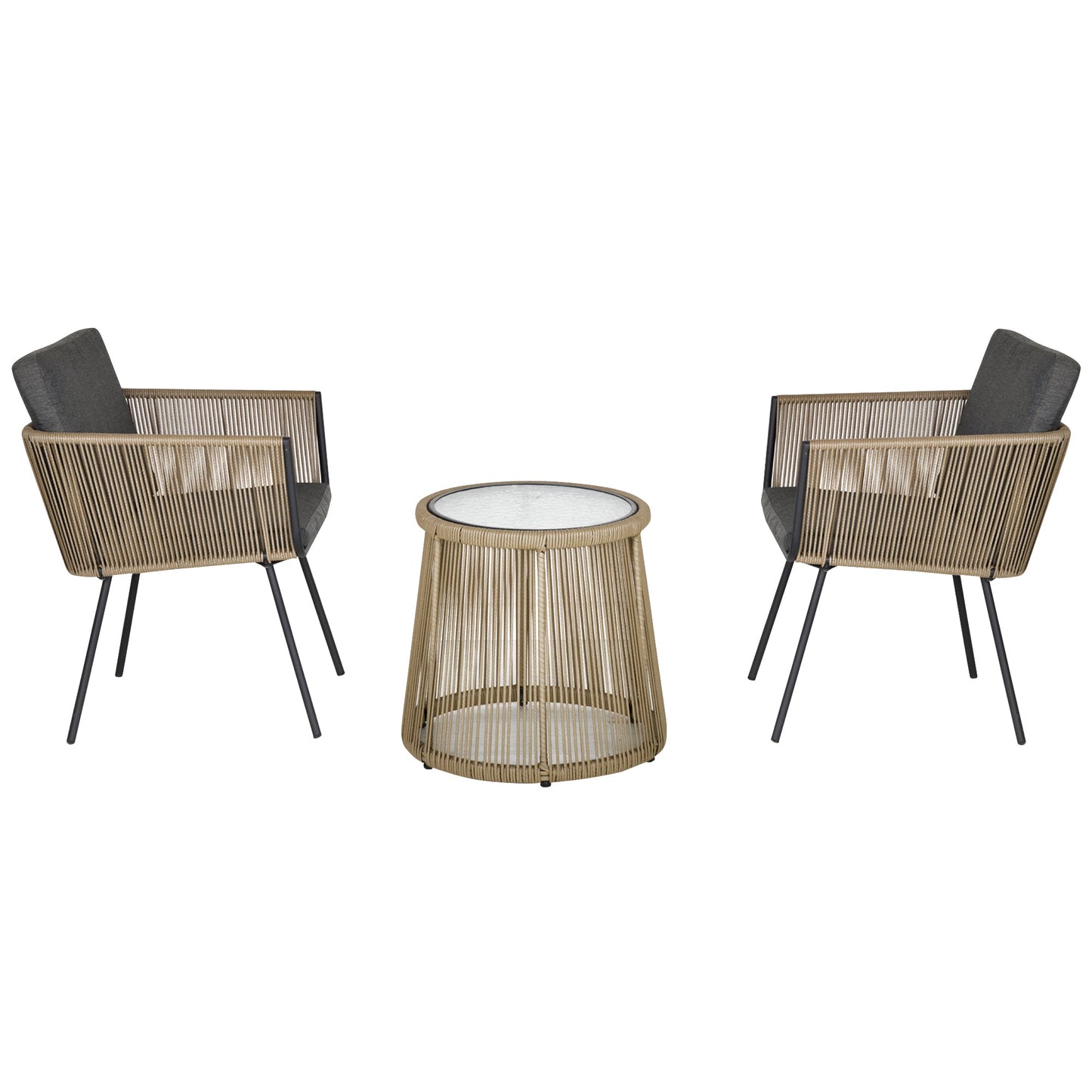 3 Pieces Wicker Patio Furniture Set, Rattan Bistro Set with Coffee Table and Cushions, Outdoor Conversation Set for Garden, Porch, Balcony, Grey