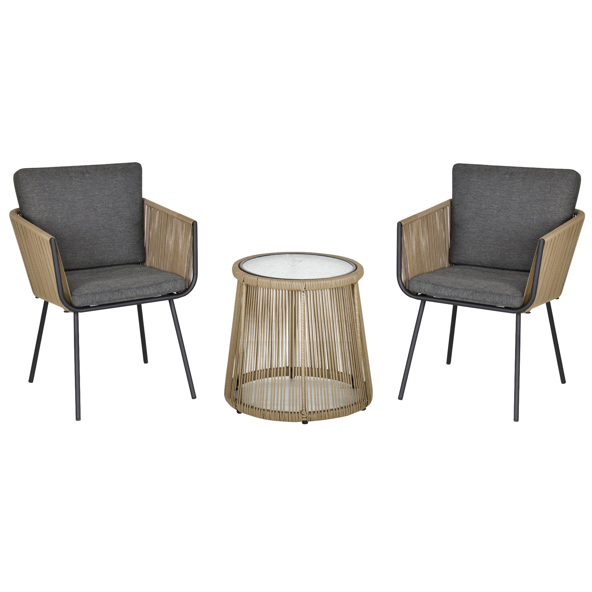 3 Pieces Wicker Patio Furniture Set, Rattan Bistro Set with Coffee Table and Cushions, Outdoor Conversation Set for Garden, Porch, Balcony, Grey