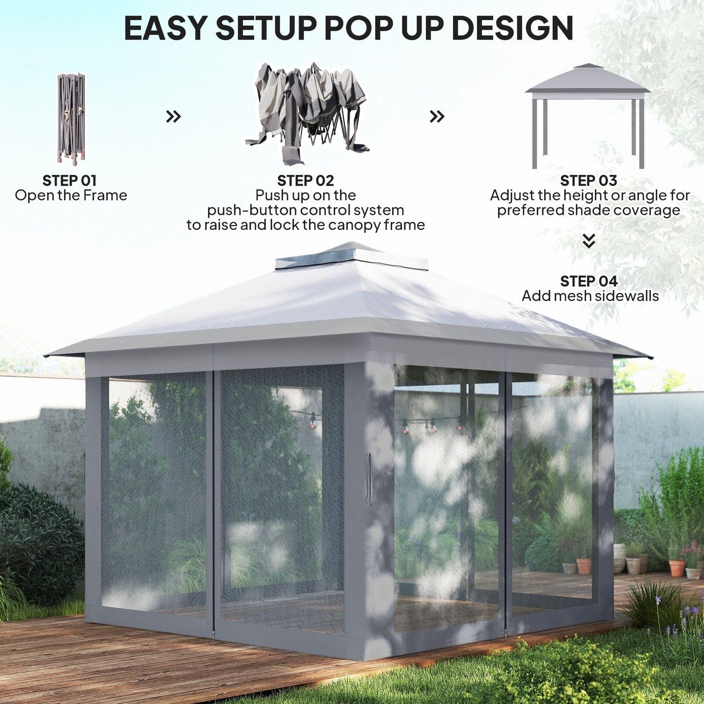 11' x 11' Pop Up Canopy, Double Roof Foldable Canopy Tent with Zipper Mesh Sidewalls, Height Adjustable and Carrying Bag, Event Tent for Patio Garden Backyard, Light Grey