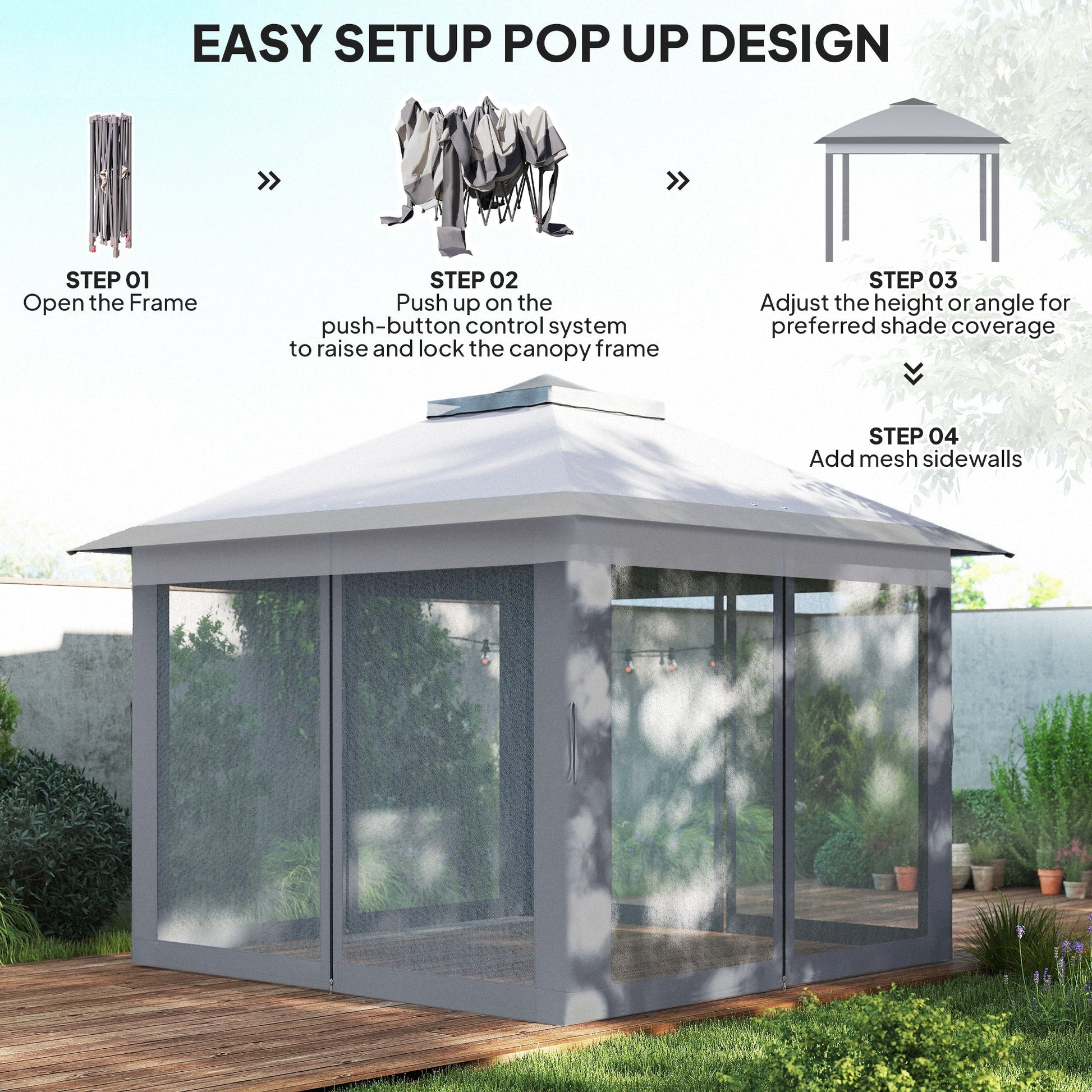 11' x 11' Pop Up Canopy, Double Roof Foldable Canopy Tent with Zipper Mesh Sidewalls, Height Adjustable and Carrying Bag, Event Tent for Patio Garden Backyard, Light Grey
