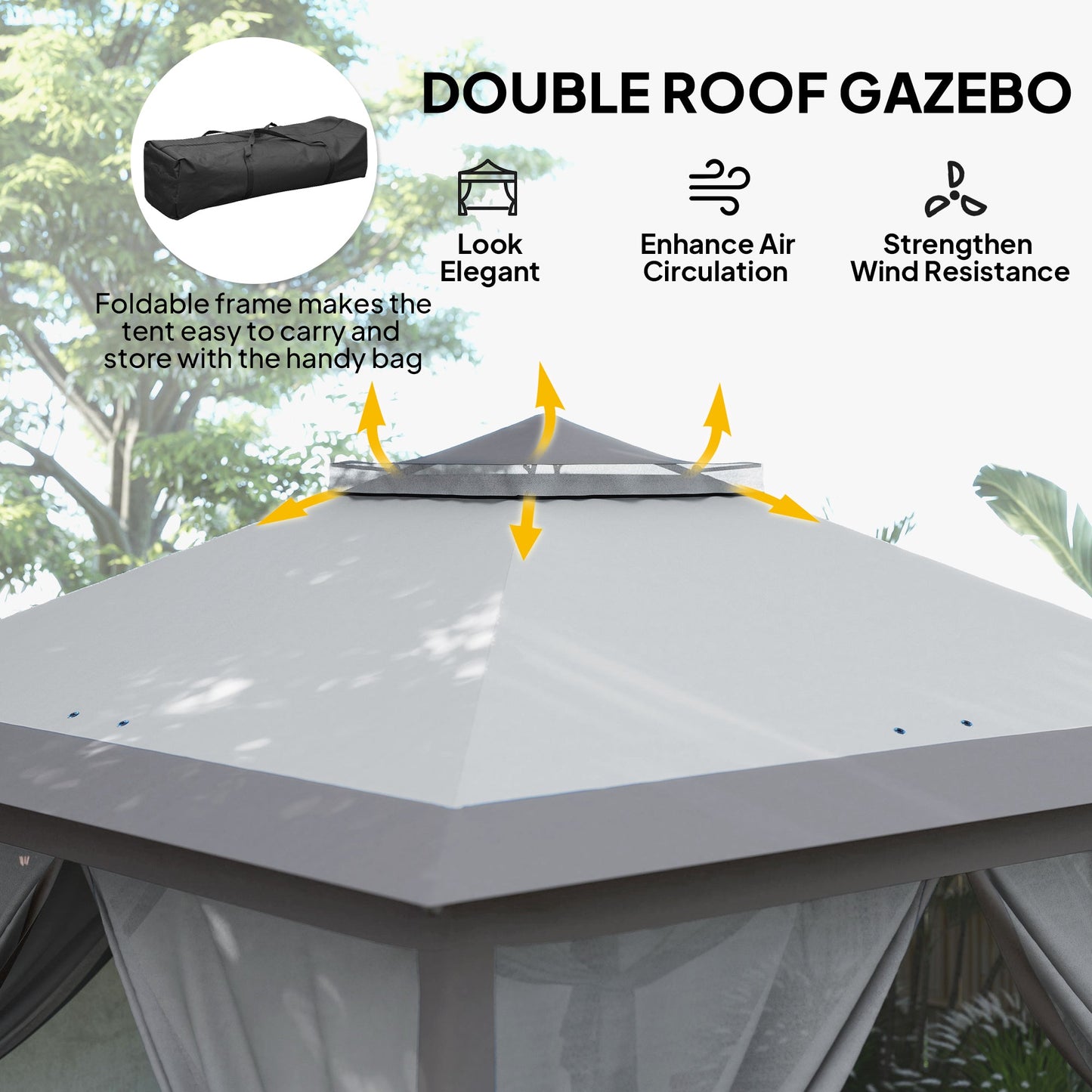 11' x 11' Pop Up Canopy, Double Roof Foldable Canopy Tent with Zipper Mesh Sidewalls, Height Adjustable and Carrying Bag, Event Tent for Patio Garden Backyard, Light Grey