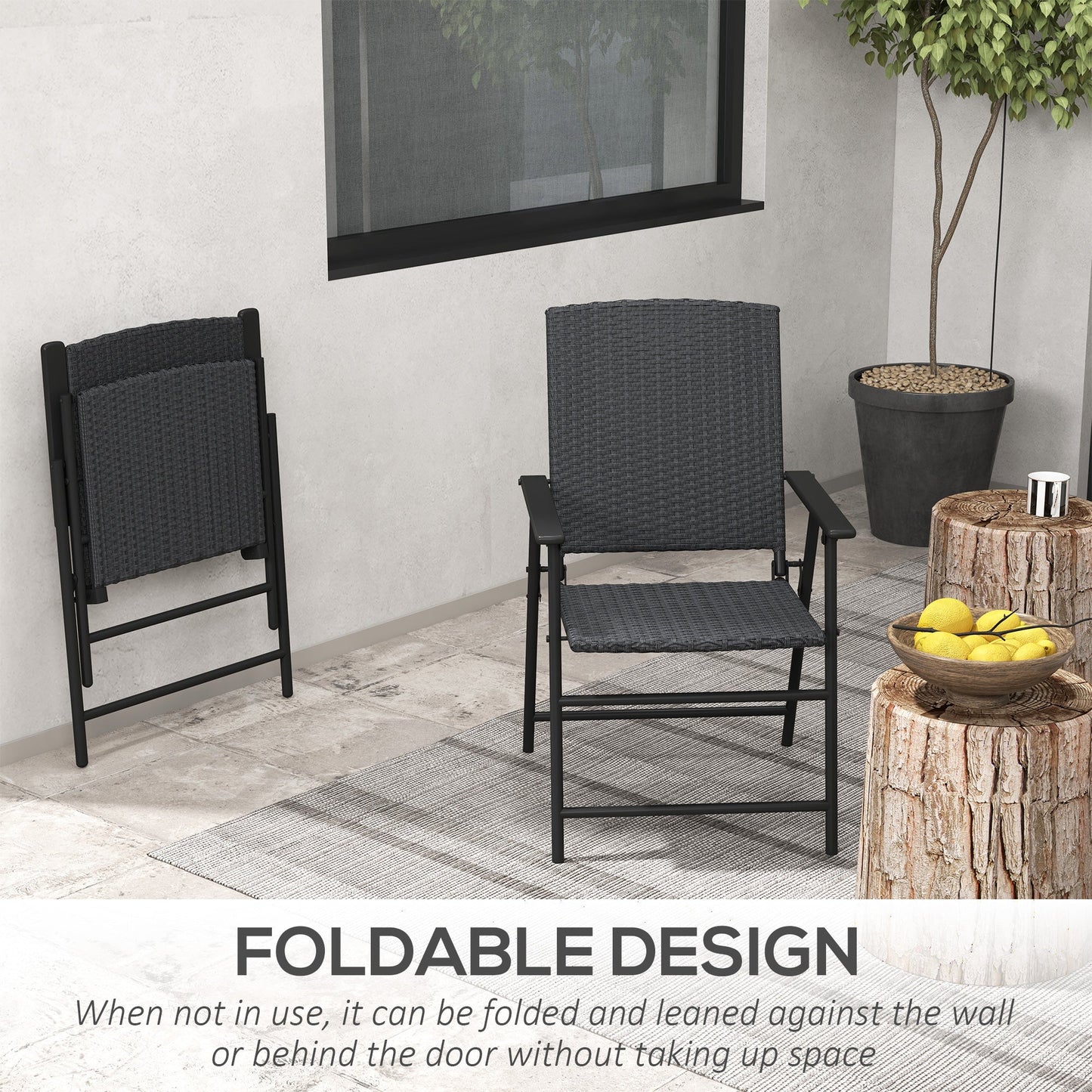 Outdoor Wicker Dining Chair Set of 2, 2 Pieces Rattan Foldable Chair with Steel Frame for Garden, Backyard, Porch, Black