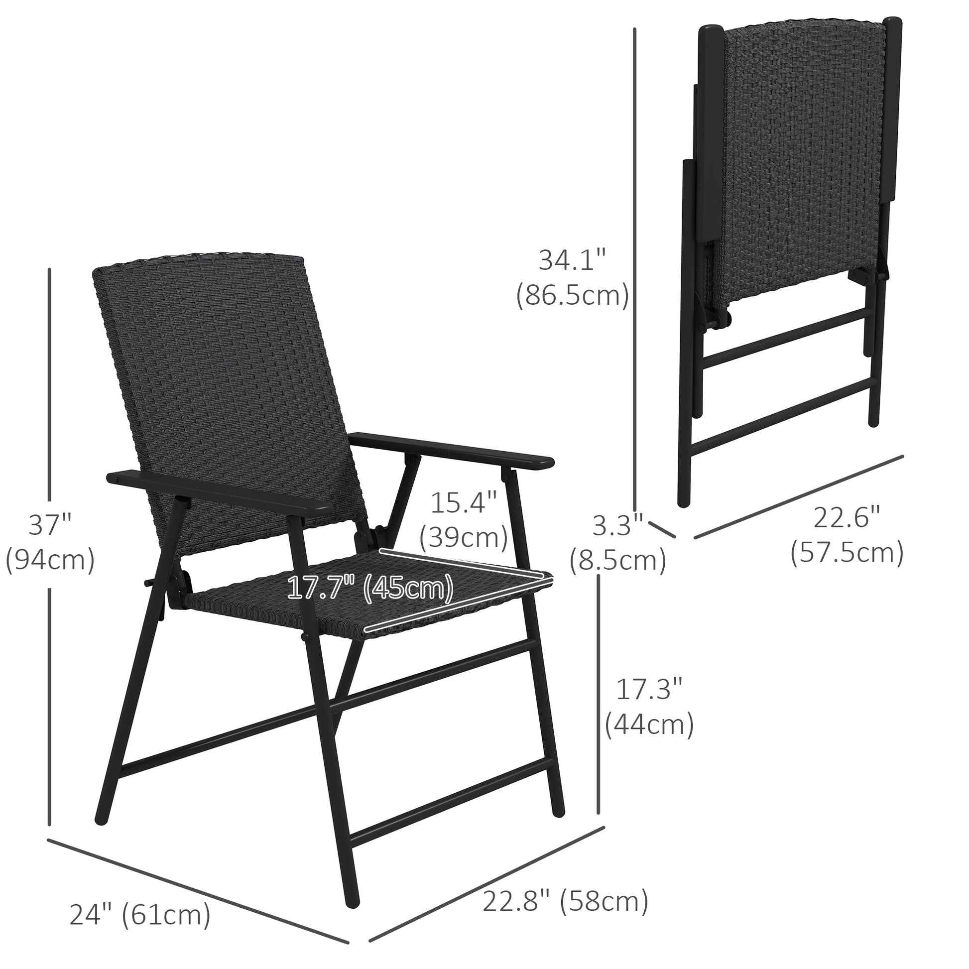 Outdoor Wicker Dining Chair Set of 2, 2 Pieces Rattan Foldable Chair with Steel Frame for Garden, Backyard, Porch, Black