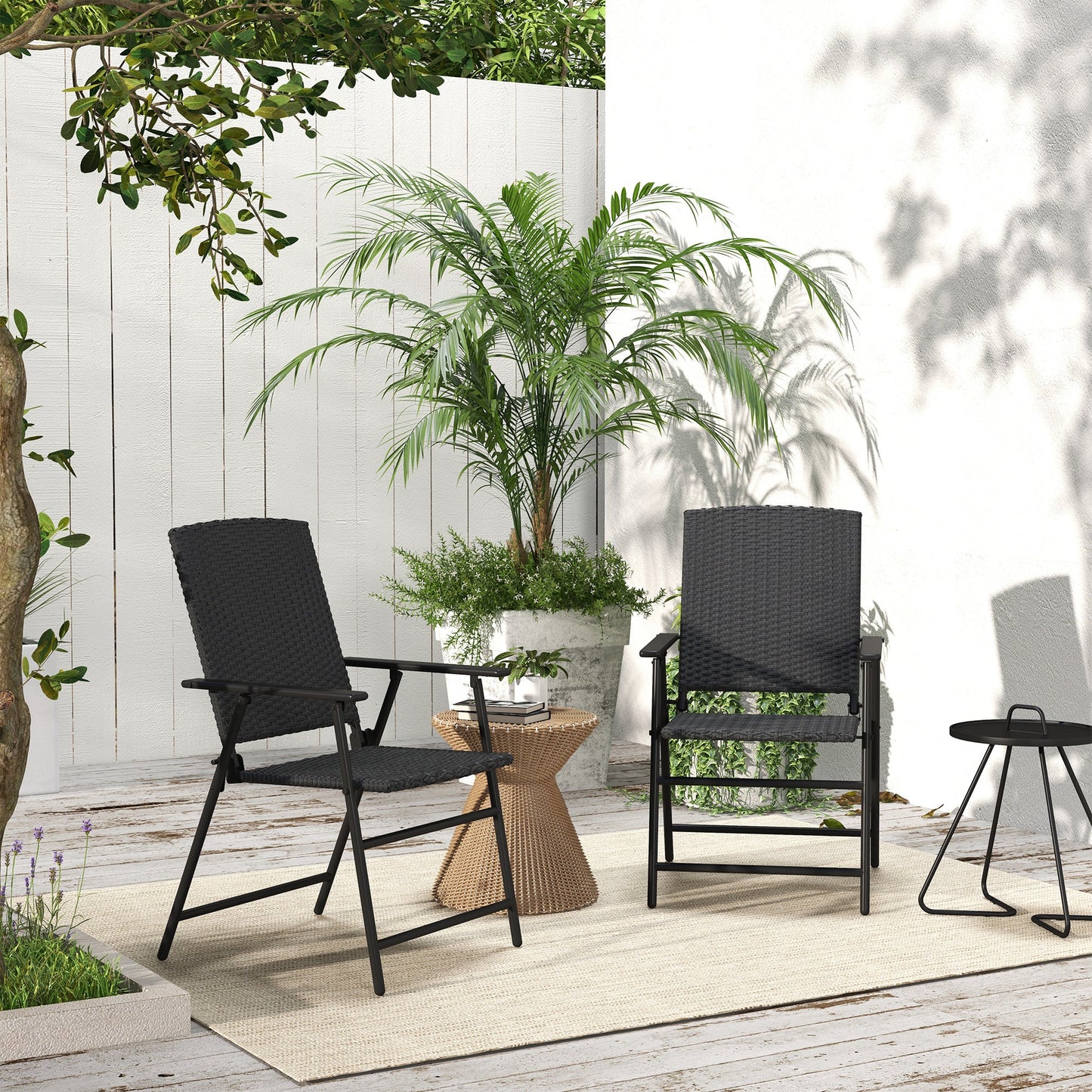 Outdoor Wicker Dining Chair Set of 2, 2 Pieces Rattan Foldable Chair with Steel Frame for Garden, Backyard, Porch, Black