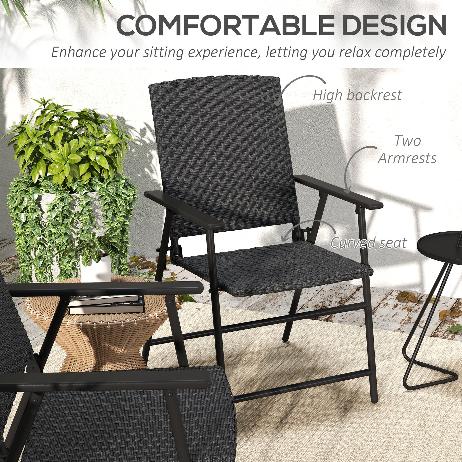 Outdoor Wicker Dining Chair Set of 2, 2 Pieces Rattan Foldable Chair with Steel Frame for Garden, Backyard, Porch, Black