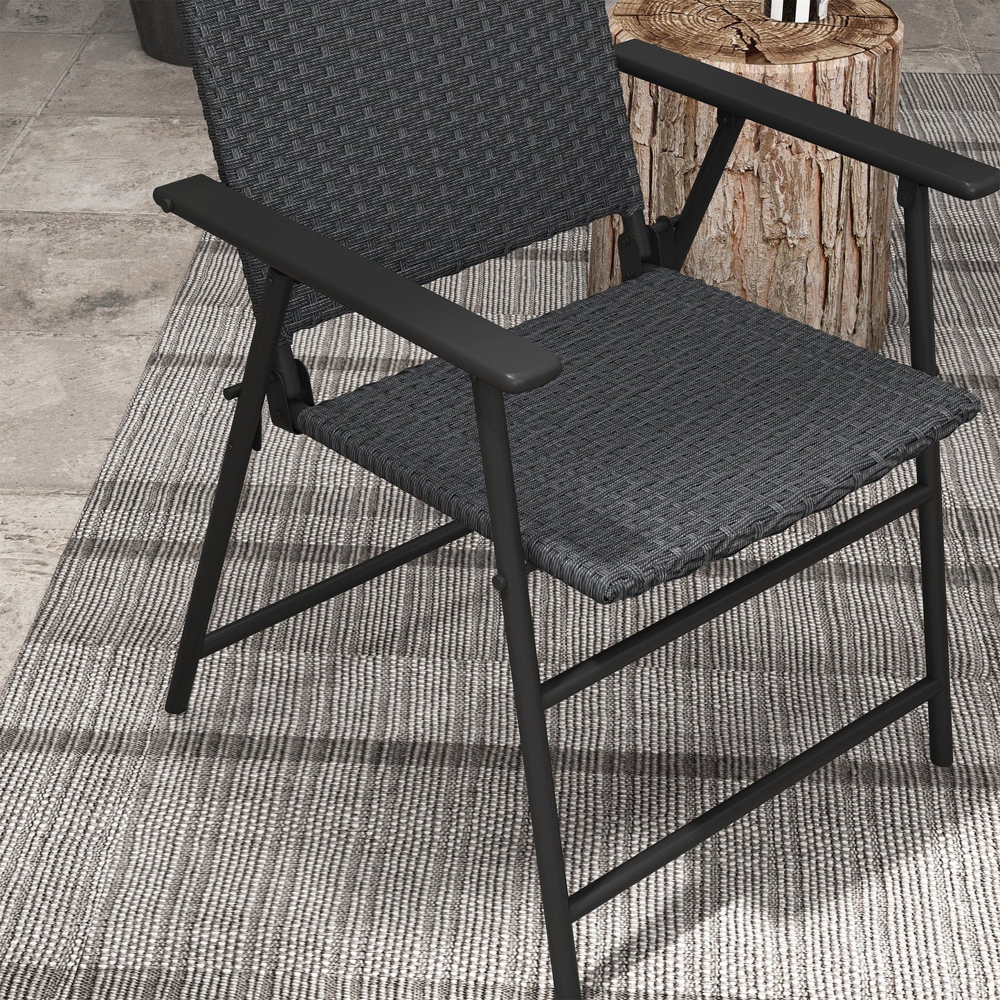 Outdoor Wicker Dining Chair Set of 2, 2 Pieces Rattan Foldable Chair with Steel Frame for Garden, Backyard, Porch, Black