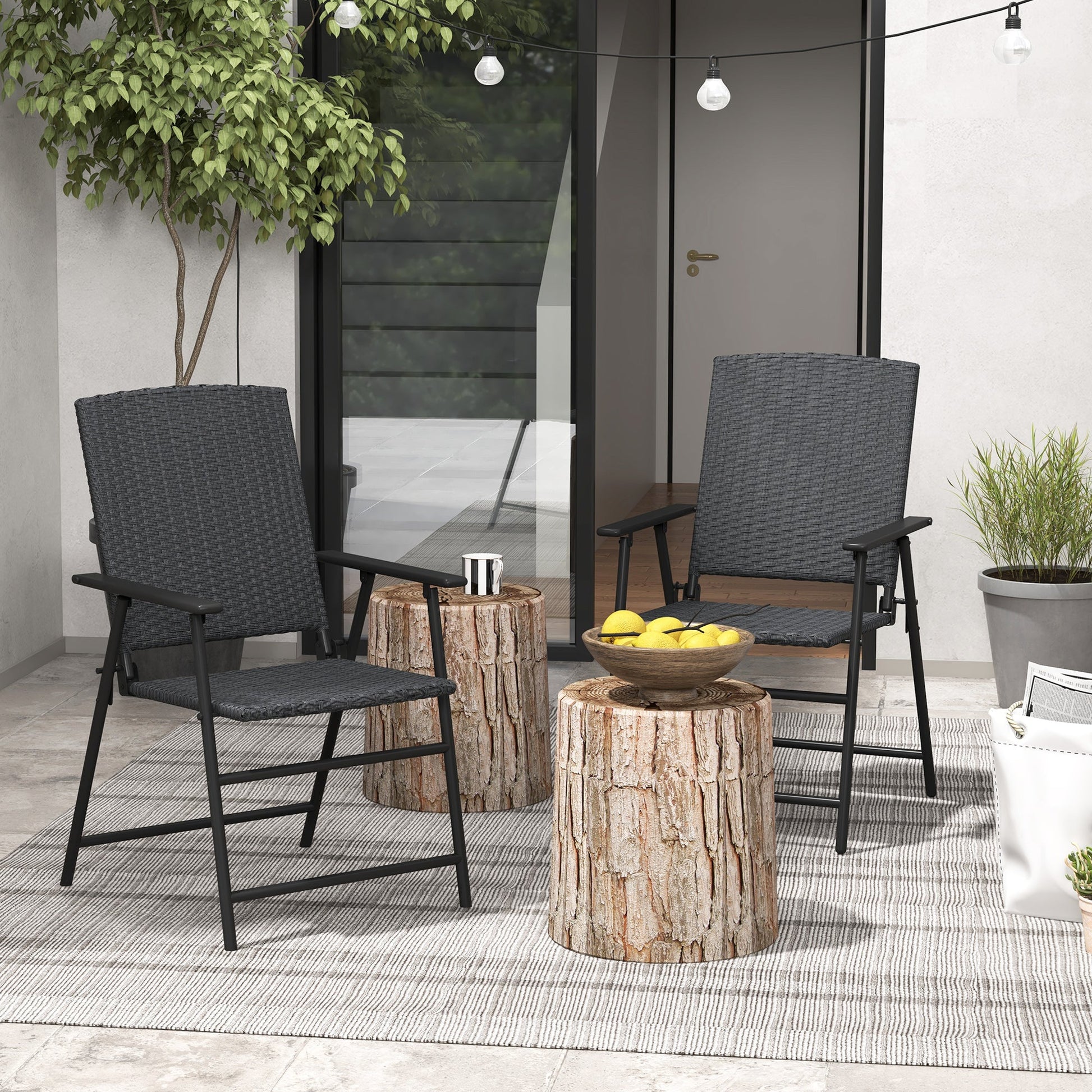 Outdoor Wicker Dining Chair Set of 2, 2 Pieces Rattan Foldable Chair with Steel Frame for Garden, Backyard, Porch, Black