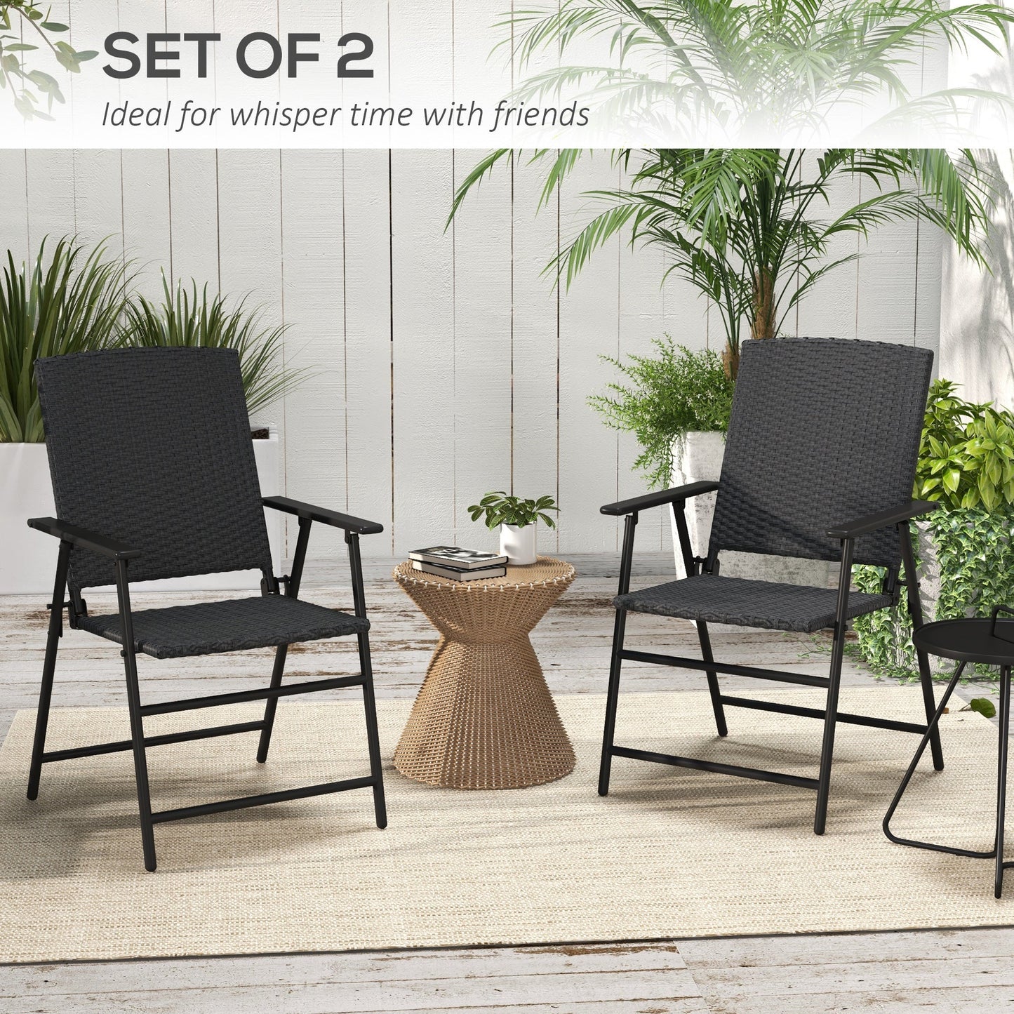Outdoor Wicker Dining Chair Set of 2, 2 Pieces Rattan Foldable Chair with Steel Frame for Garden, Backyard, Porch, Black
