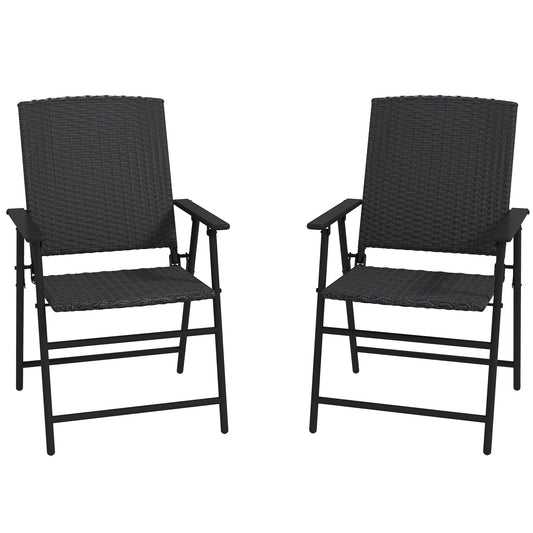 Outdoor Wicker Dining Chair Set of 2, 2 Pieces Rattan Foldable Chair with Steel Frame for Garden, Backyard, Porch, Black